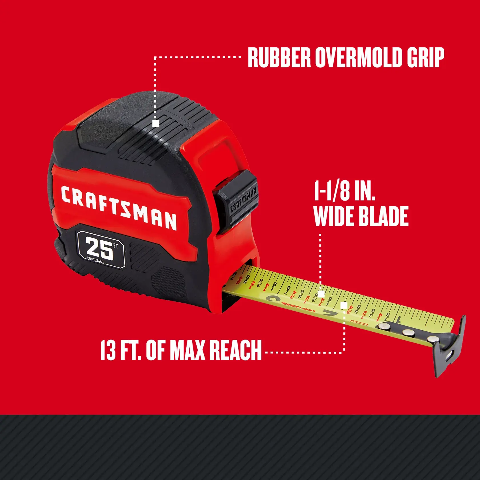 CMHT37443S CRAFTSMAN 25ft Tape Measure Walkround Rubber Overmold Grip 1-1/8In Wide Blade 13ft. Of Max Reach