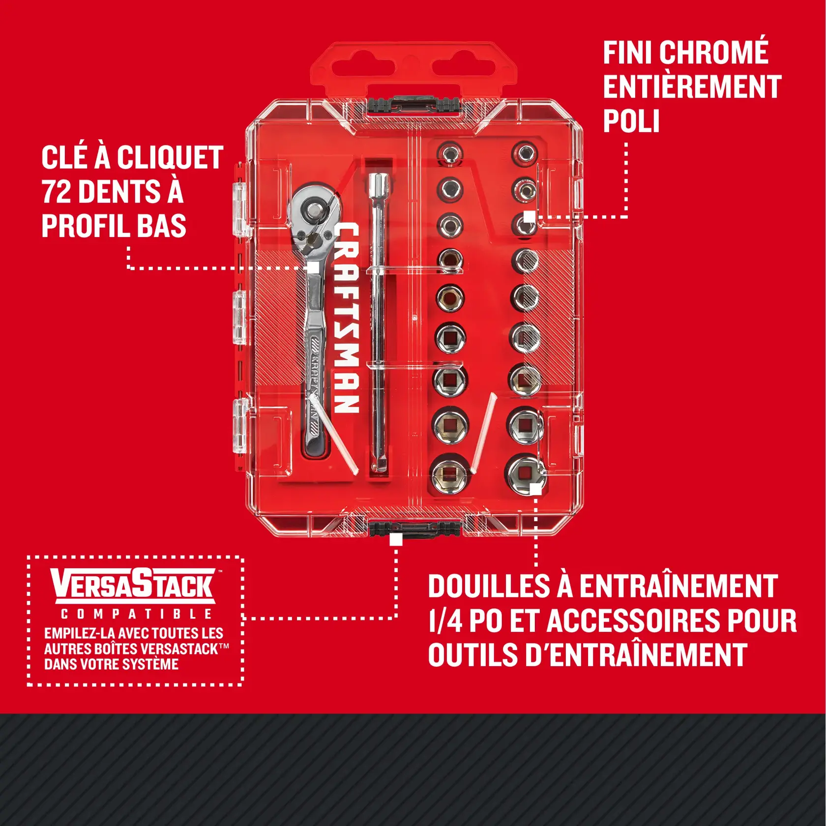 Caractèristiques de l'ensemble d'outils pour mécanicien 20 pièces à profil bas 1/4 po CRAFSTMAN