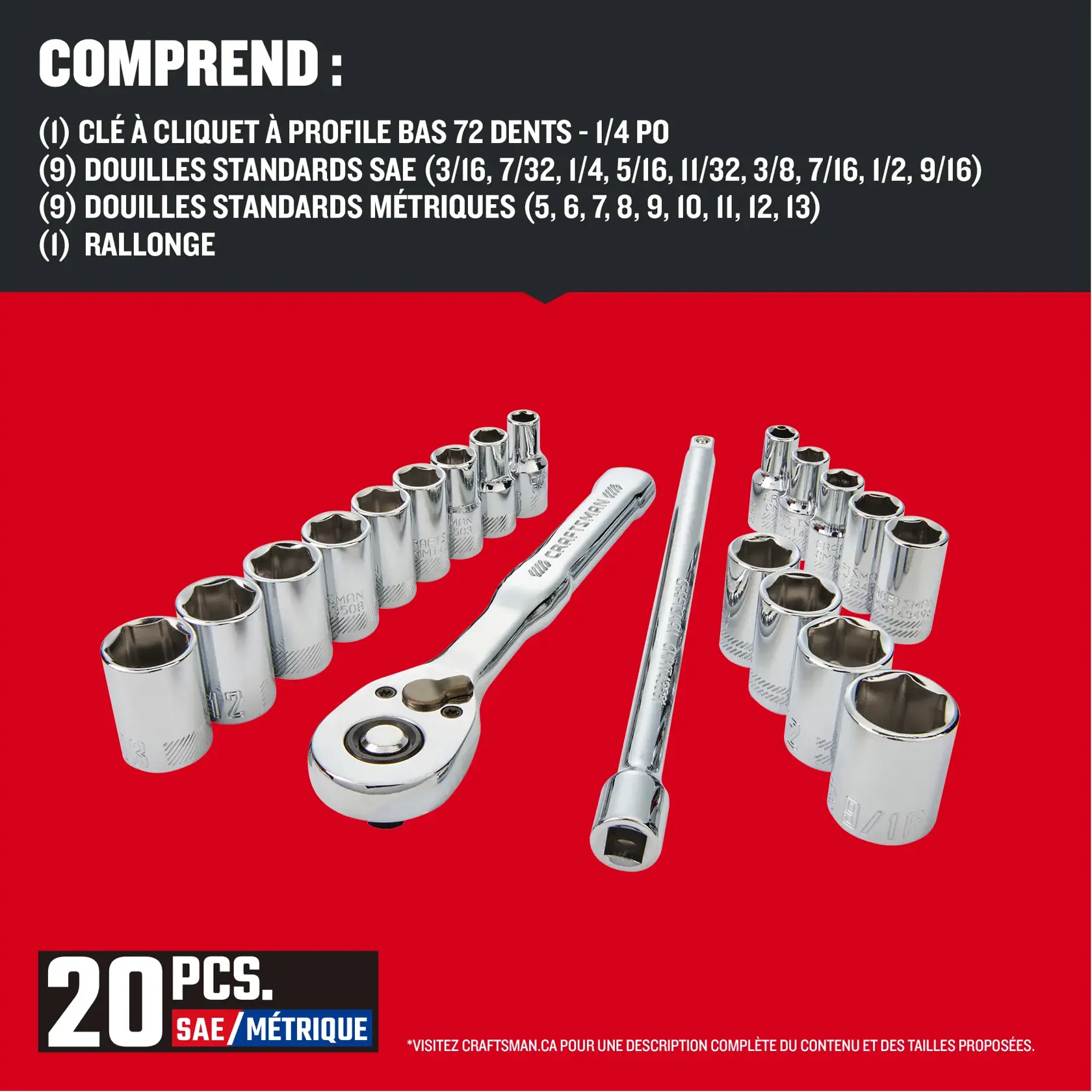 Contenu de l'ensemble d'outils pour mécanicien 20 pièces à profil bas 1/4 po CRAFSTMAN