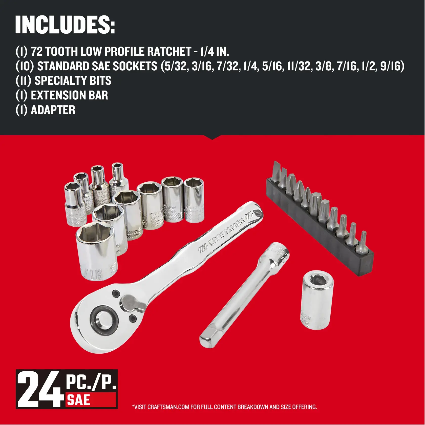 CRAFTSMAN Low Profile 24 piece 1/4 inch drive SAE NANO MECHANICS TOOL SET with contents list
