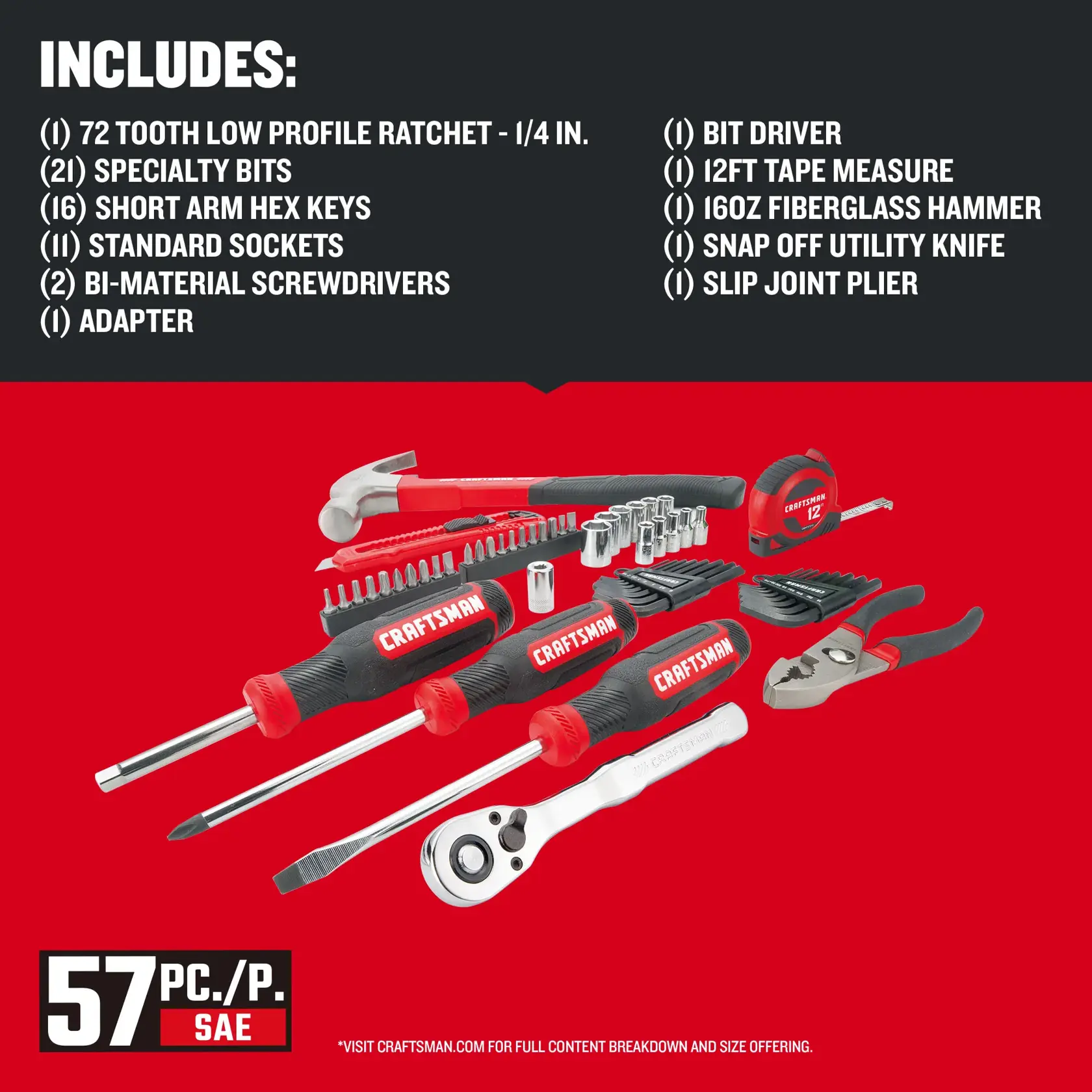 CRAFTSMAN Low Profile 57 piece MIXED MECHANICS TOOL SET with contents list