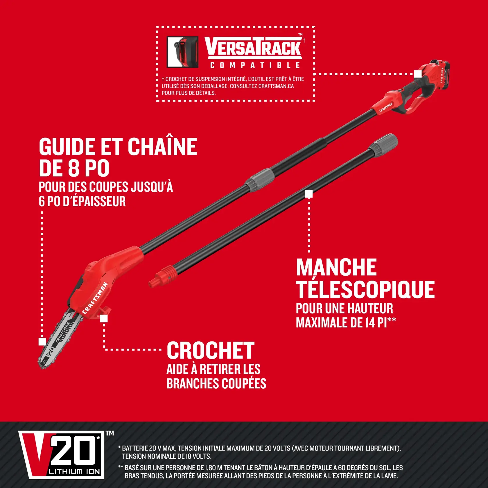 Image montrent le crochet, guide et chaîne de 8 po, manche télescopique et compatibilité VERSATRACK