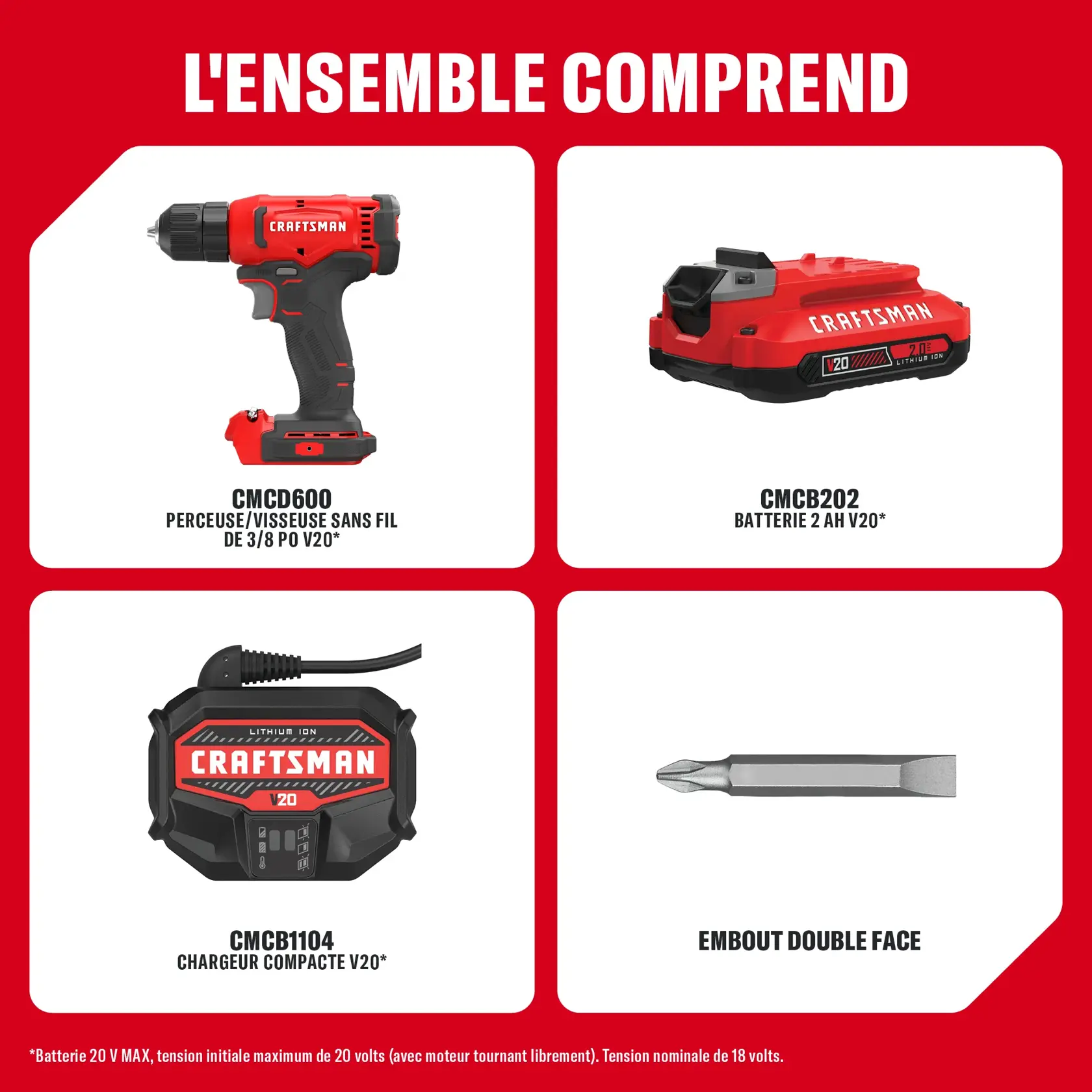Kit CRAFTSMAN: perceuse sans fil, batterie 2Ah, chargeur compact, embout double face.