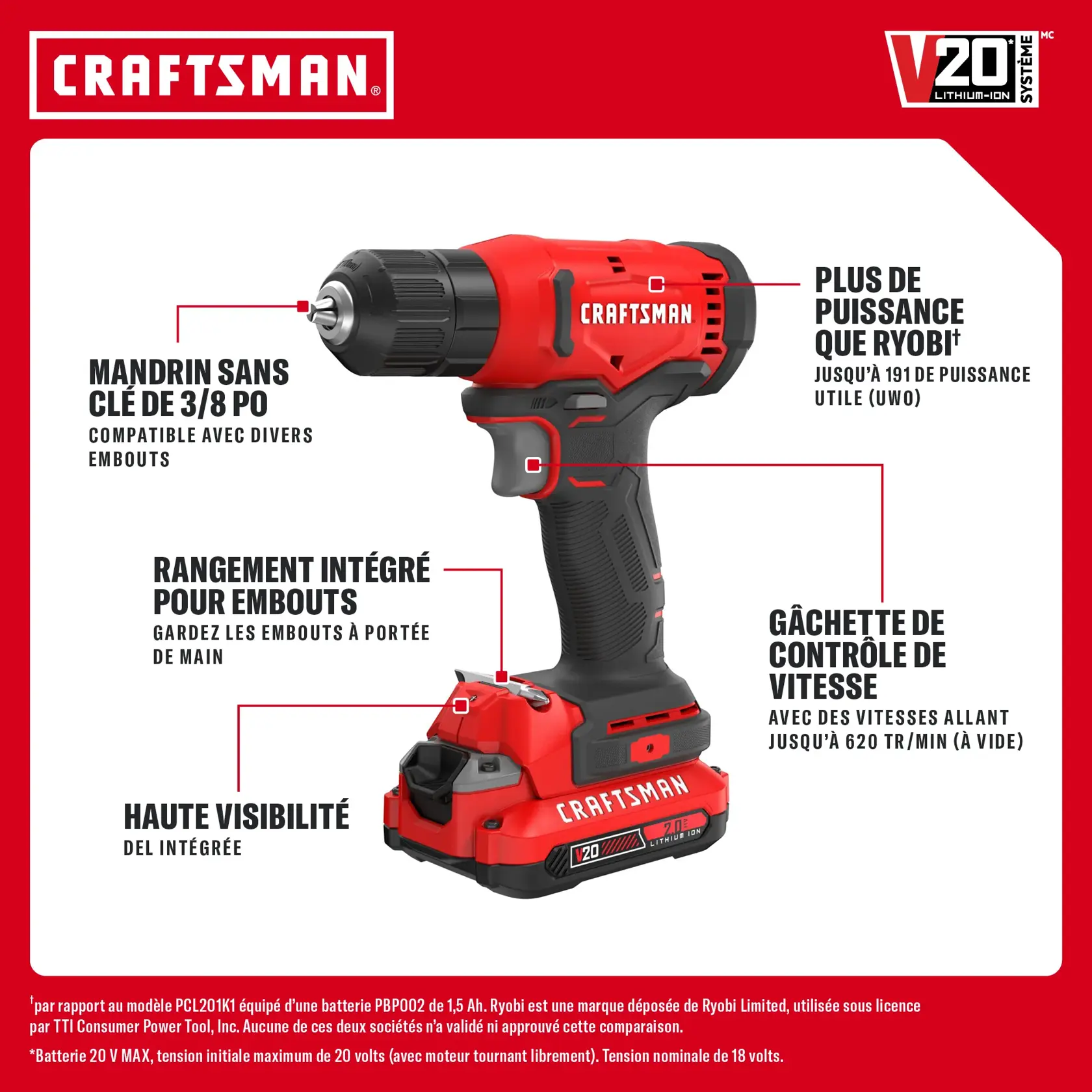 Perceuse sans fil CRAFTSMAN V20 avec haute visibilité, gâchette de vitesse et rangement pour embouts.