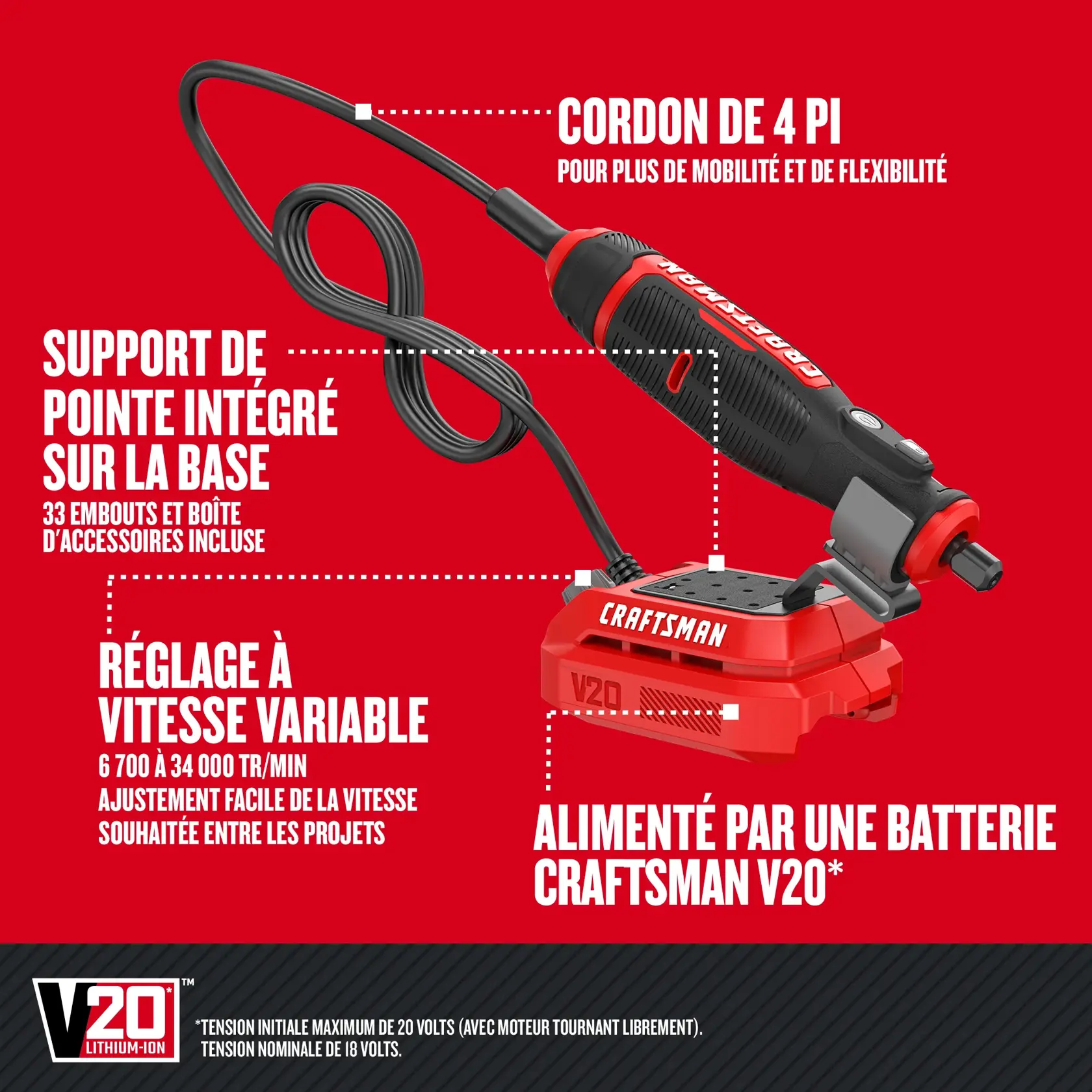 Description du produit : cordon de 4 pi, porte-embout intégré à la base, vitesse variable, système CRAFTSMAN 20 V