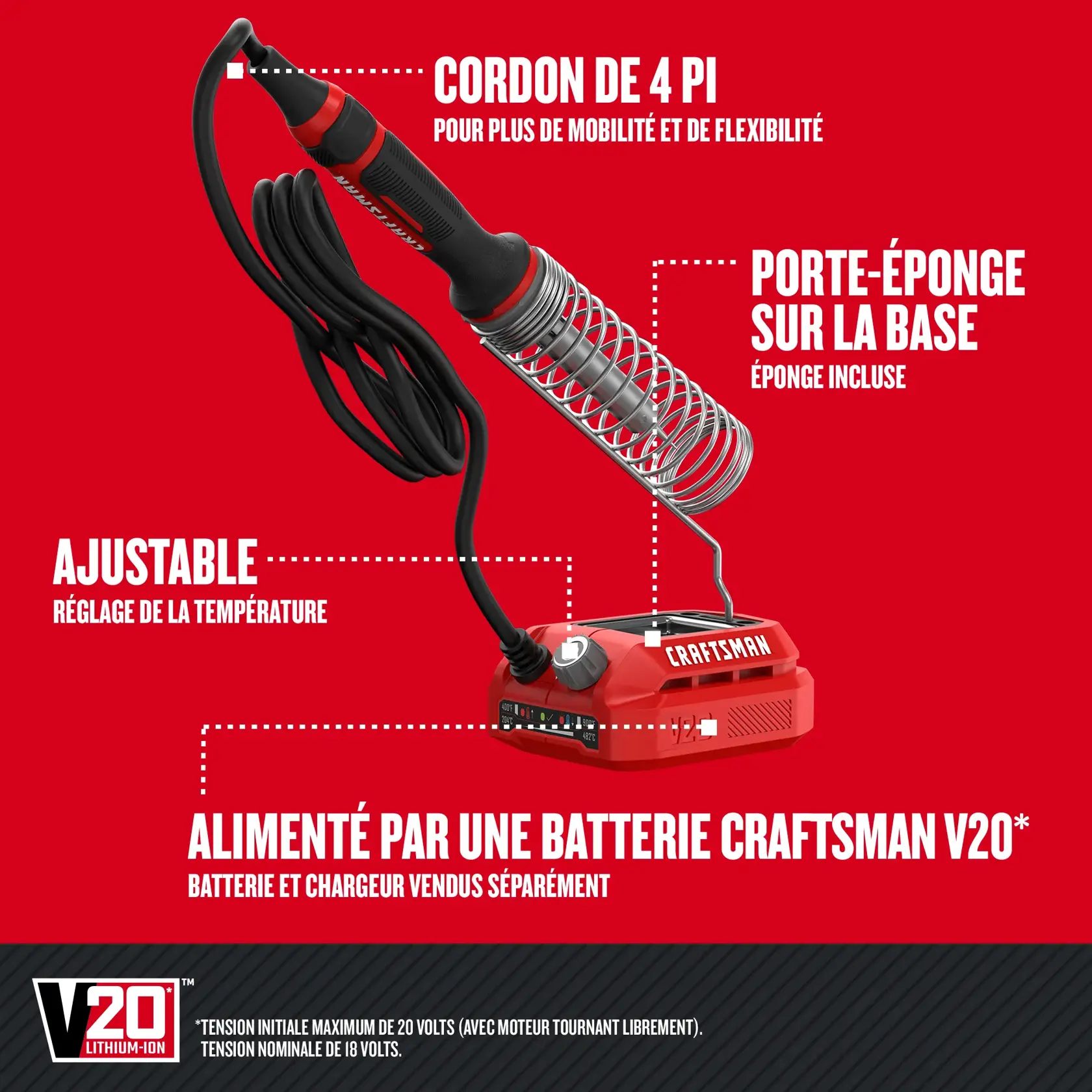 Description du produit : cordon de 4 pi, support d’éponge à la base, température réglable, système CRAFTSMAN 20 V