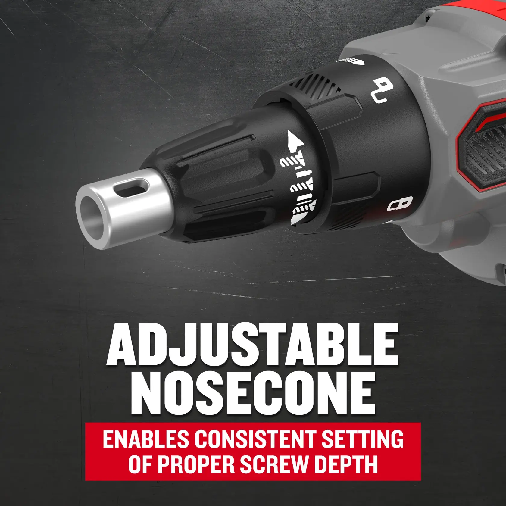 Adjustable nosecone enables consistent setting of proper screw depth