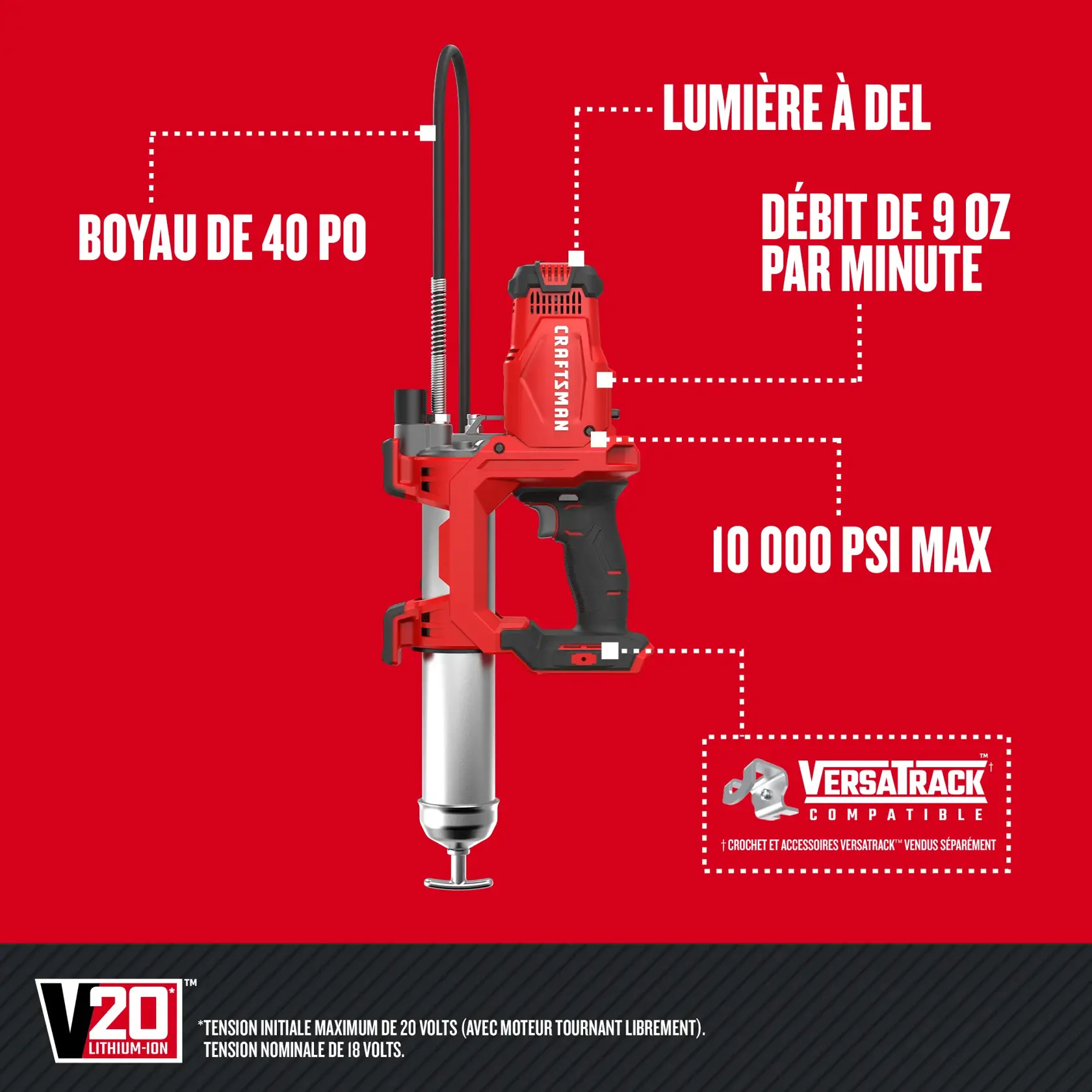 Caractèristiques du pistolet graisseur V20 de CRAFTSMAN