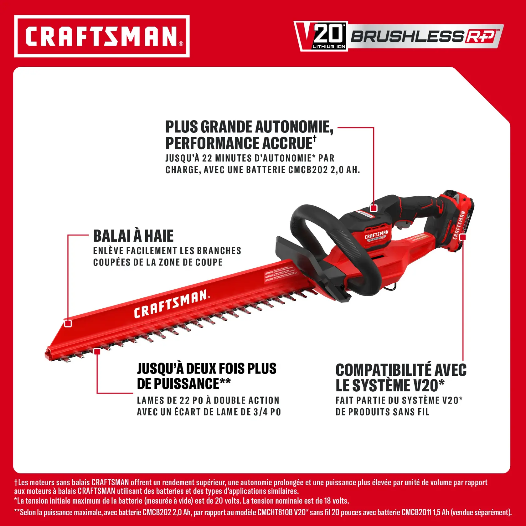 Ensemble de taille-haie 22 po sans fil V20* CRAFTSMAN Brushless RP™ avec batterie 2 Ah et chargeur