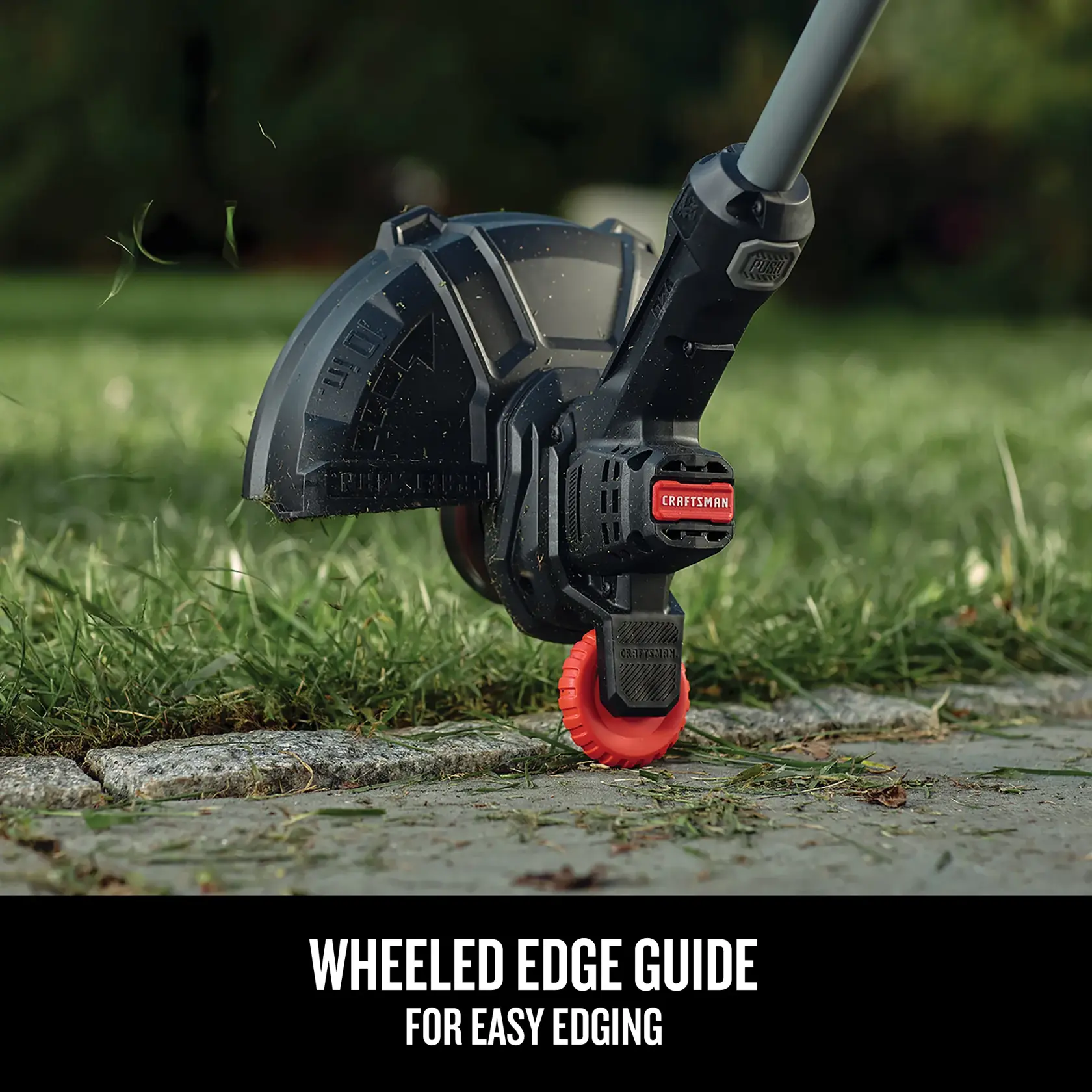 Close-up view of the wheeled edge guide with text highlighting the easy edging