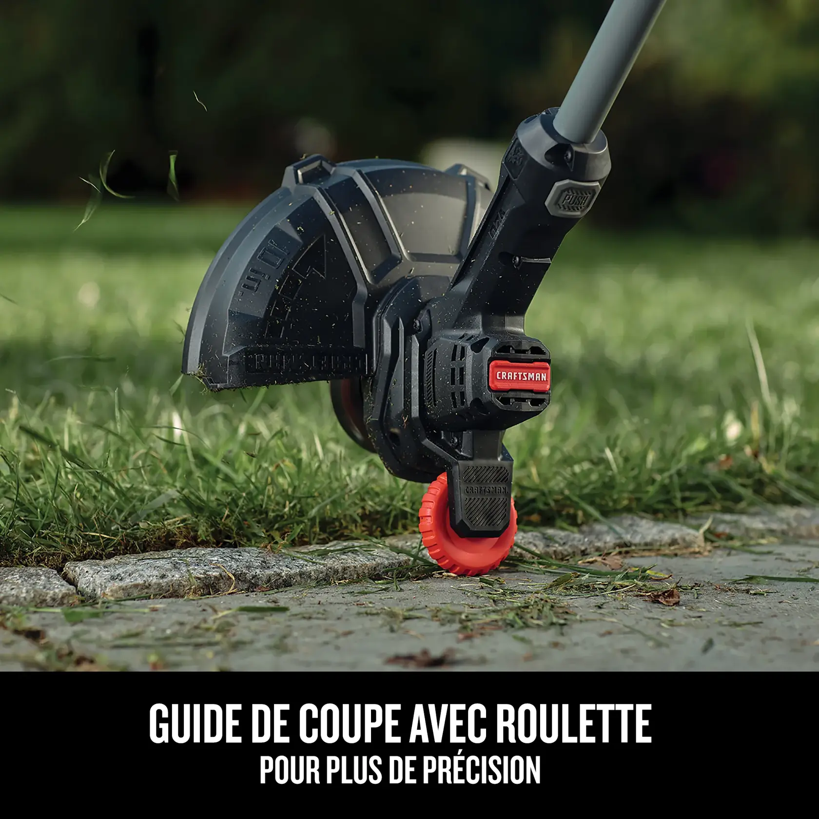 Vue rapprochée de la guide de coupe avec roulette avec texte soulignant la facilité de finition des bords