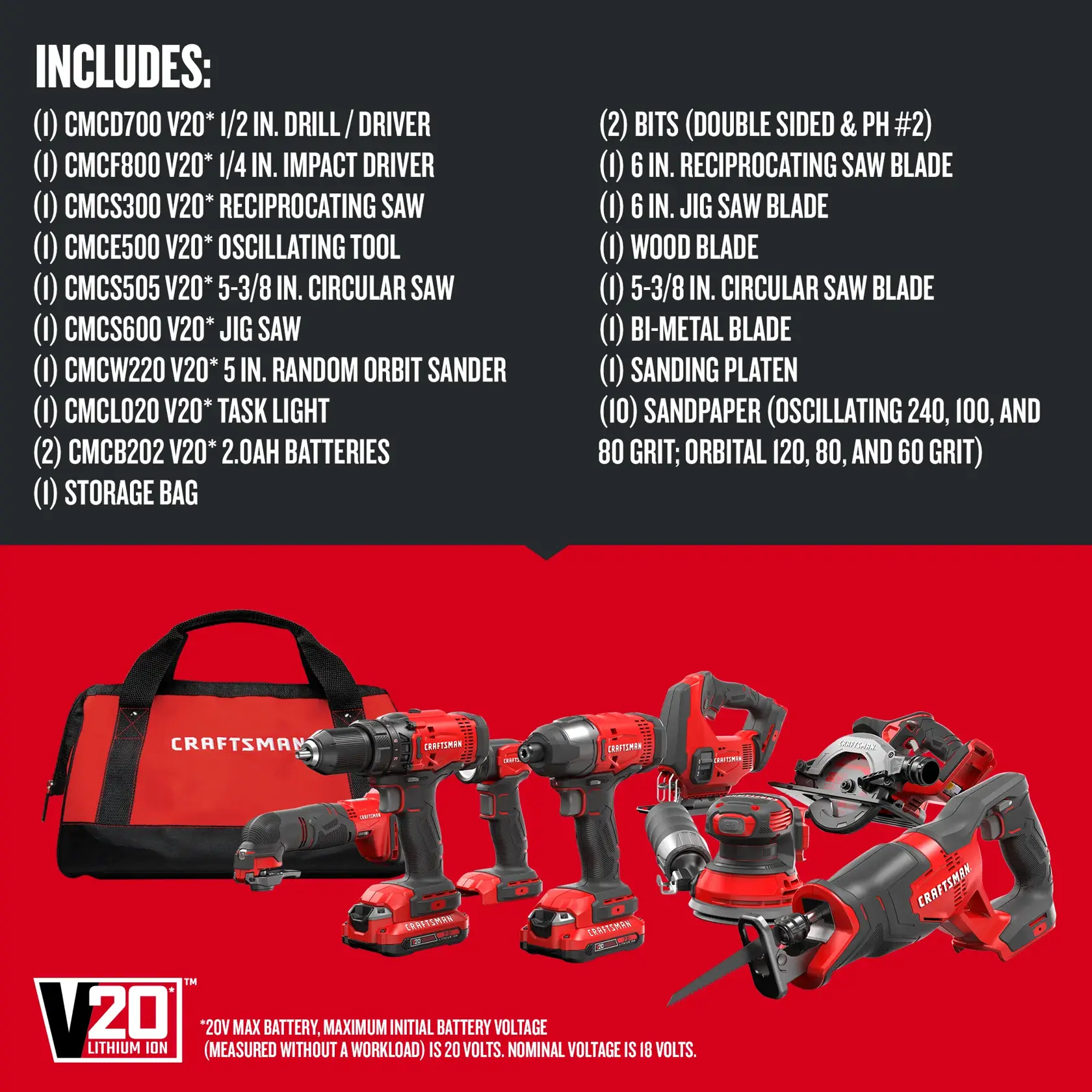 CRAFTSMAN� V20* Cordless 8-Tool Combo Kit with (2) 1.5Ah Batteries and Charger - Includes