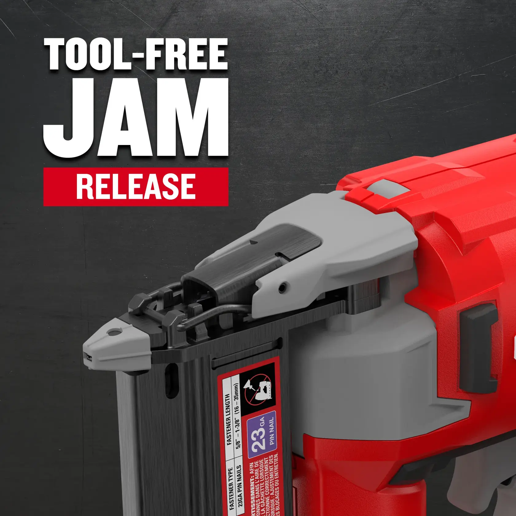 Close-up view of CRAFTSMAN V20 Brushless RP 23 Gauge Nailer tool-free jam release feature