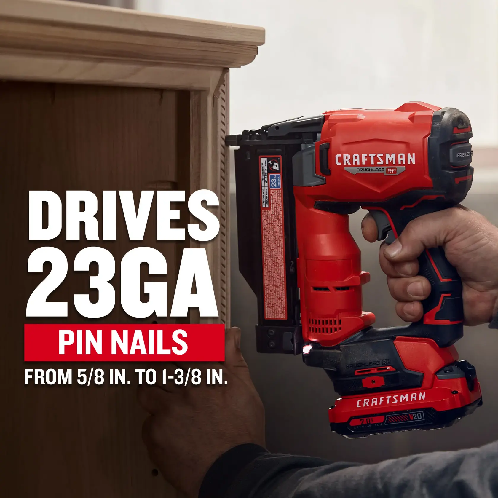 CRAFTSMAN V20 Brushless RP 23 Gauge Nailer drives 23 gauge pin nails from 5/8 to 1-3/8 inches
