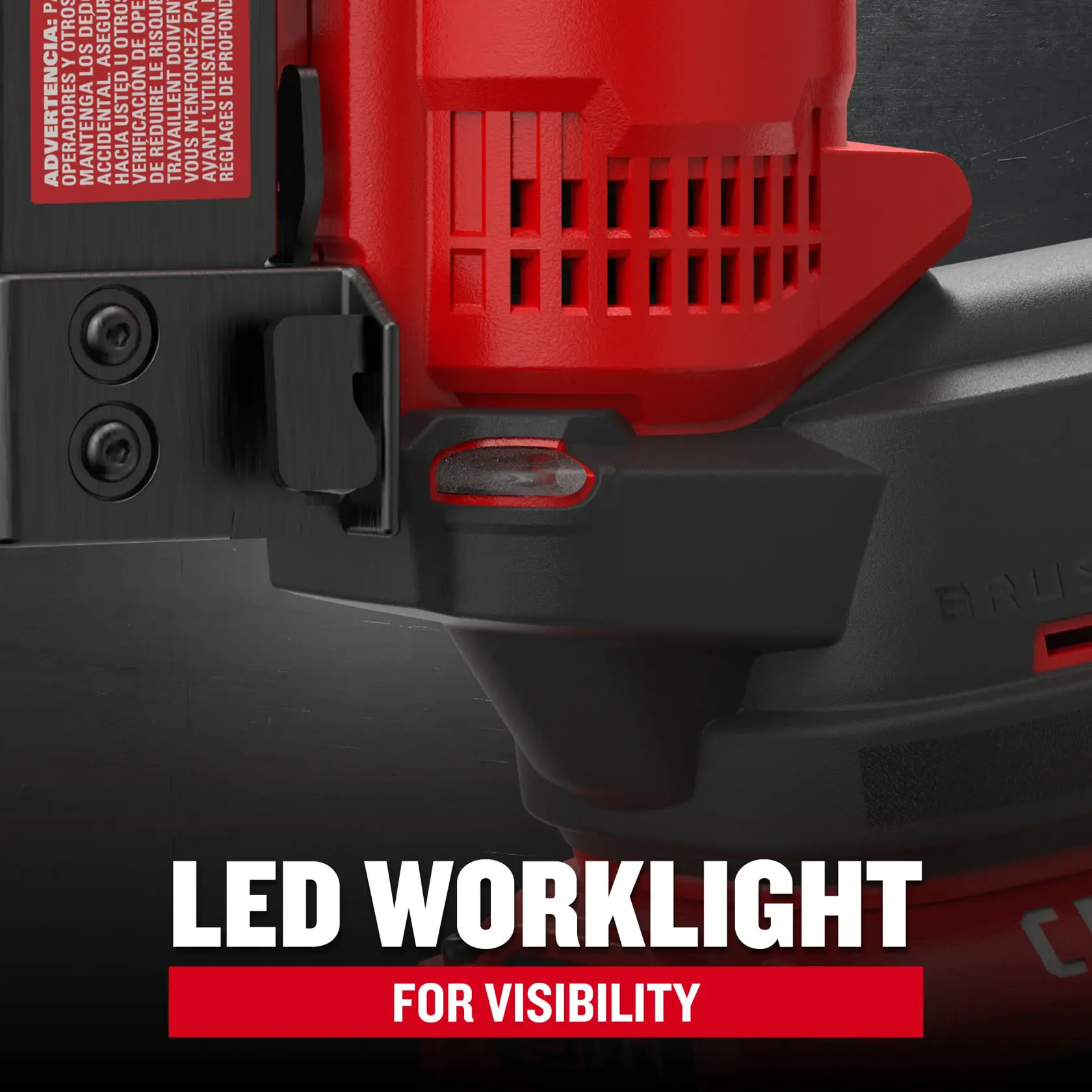 Close-up view of CRAFTSMAN V20 Brushless RP 23 Gauge Nailer LED worklight which improves visibility