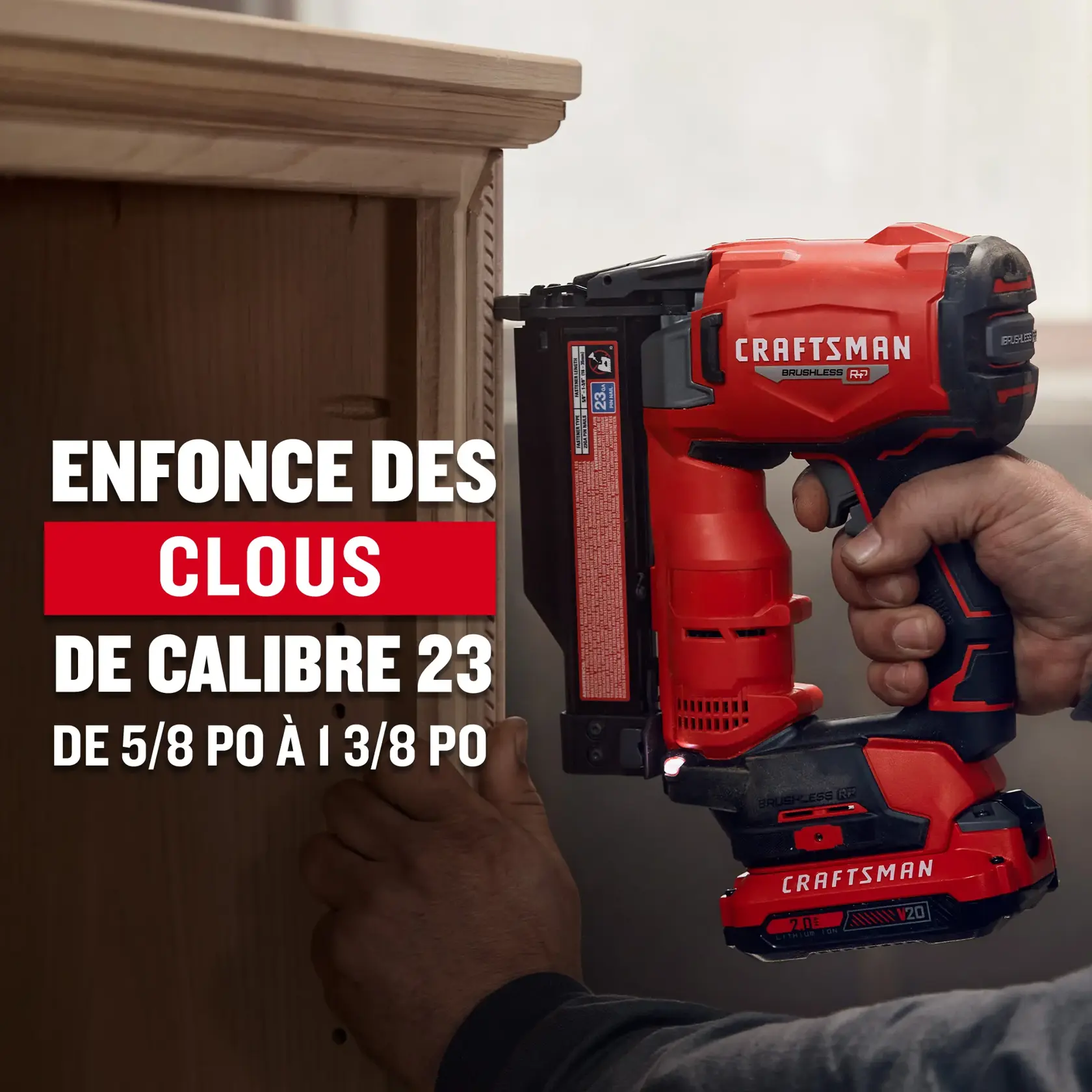 La cloueuse de clous calibre 23 sans balais RP 20 V CRAFTSMAN enfonce des clous 23 de 5/8 à 1-3/8 po
