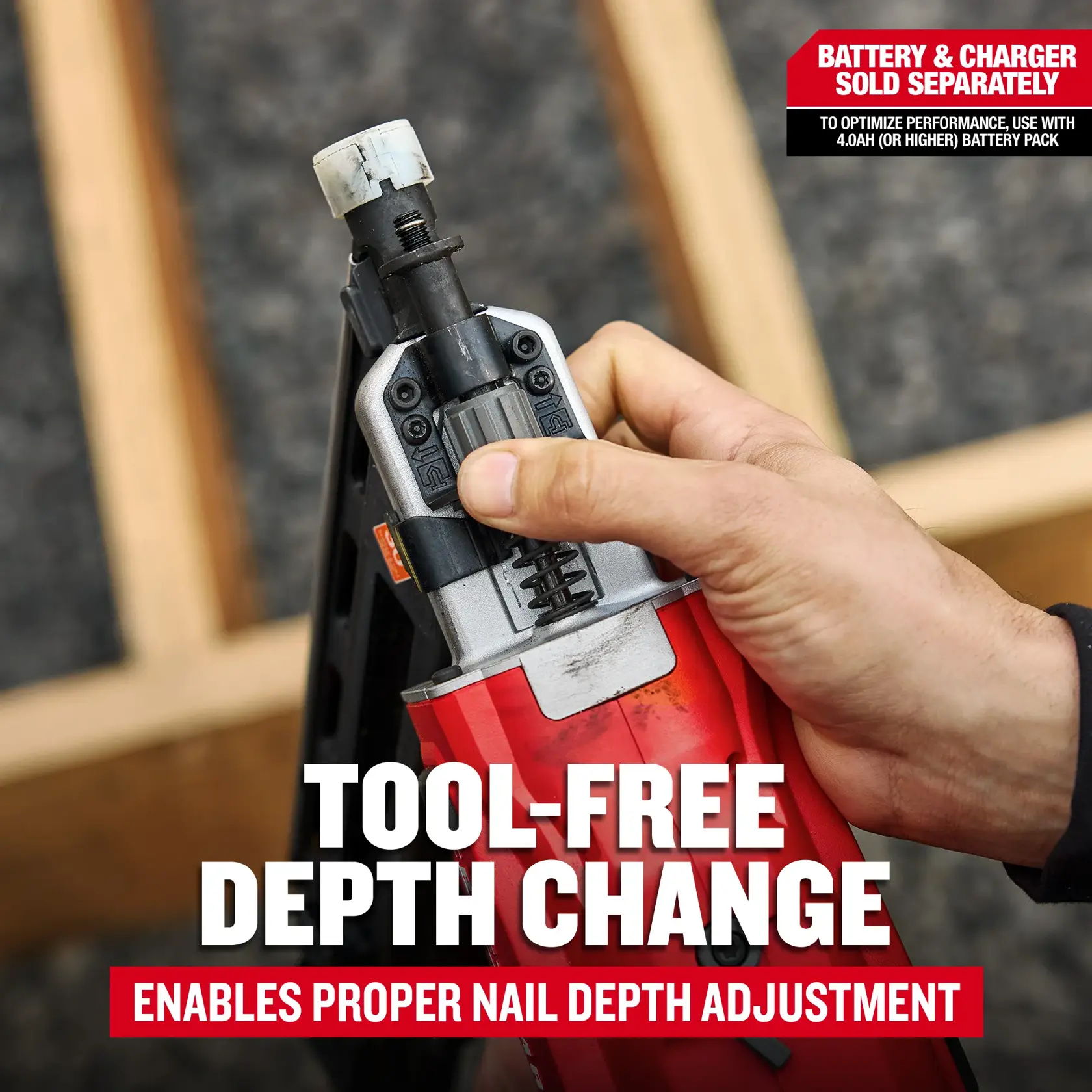 CRAFTSMAN V20* 30 degree framing nailer: Tool-free depth change. Enables proper nail depth adjustment. Battery & charger sold separately. To optimize performance, use with 4 AH or higher battery pack.