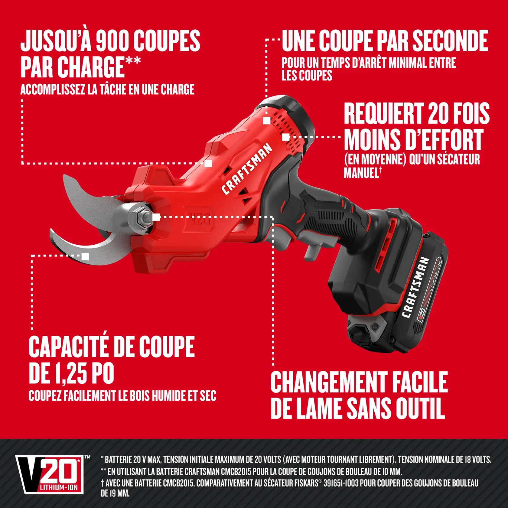 Logo V20 lithium-ion et caractèristiques du sécateur sans fil.