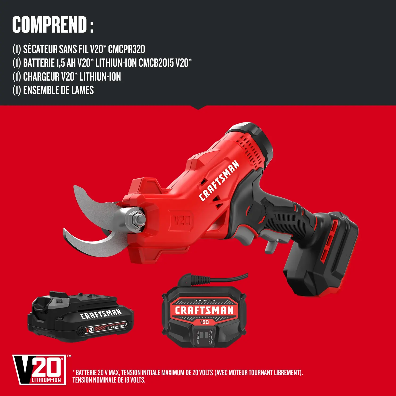 Logo V20 lithium-ion et sécateur sans fil, batterie et chargeur.