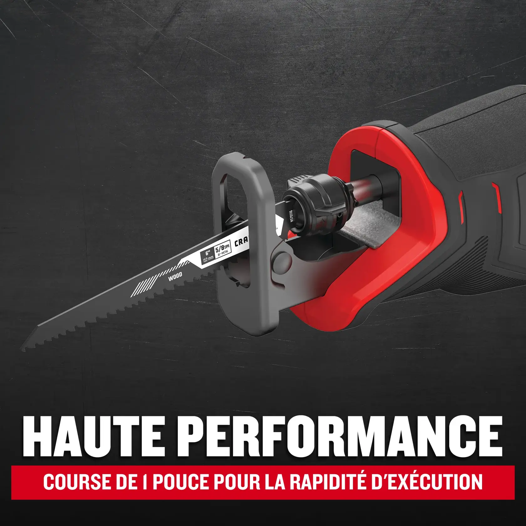 Vue rapprochée sur la lame de scie alternative avec texte mettant en évidence la haute performance course de 1 pouce pour la rapidité d'exécution