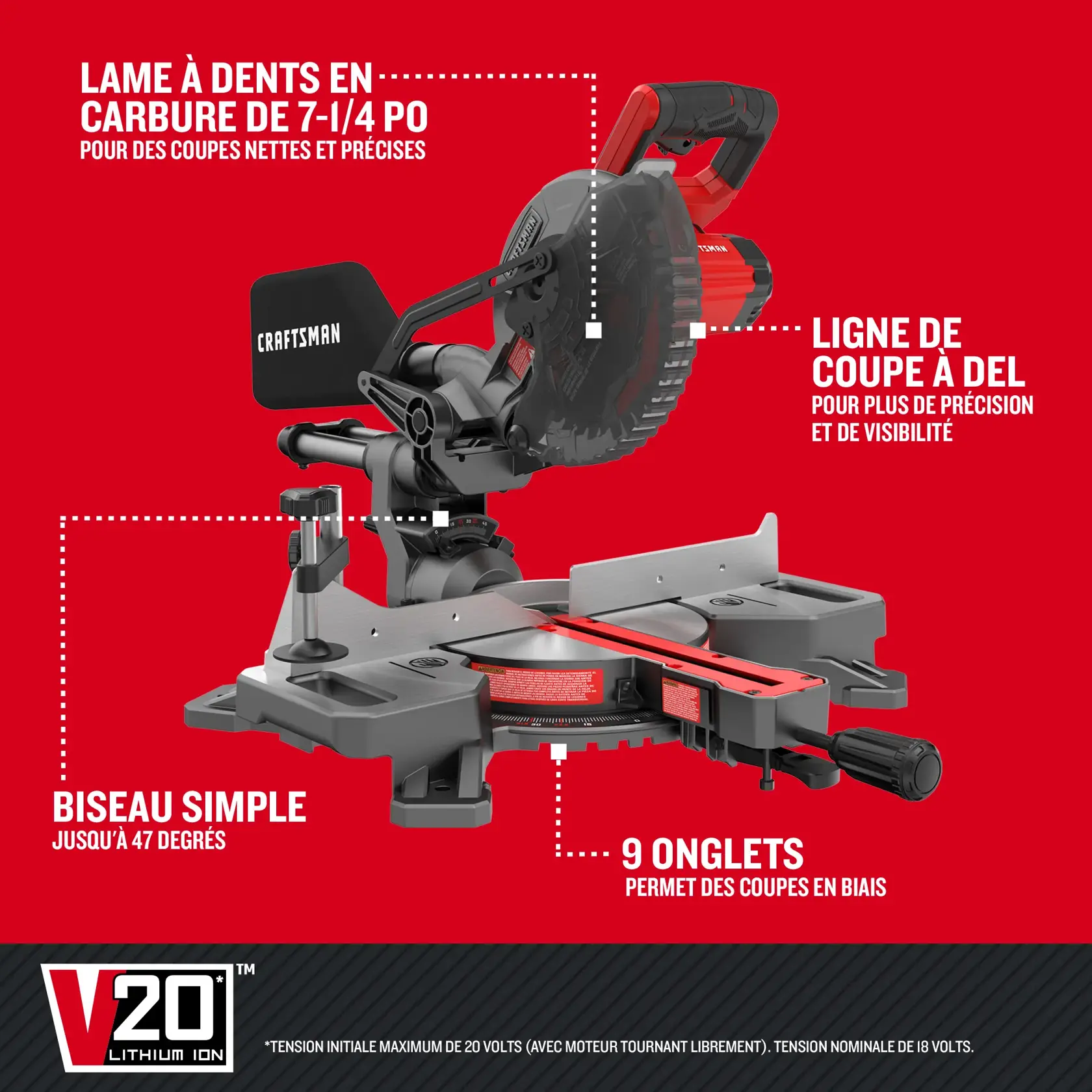 Image montrant le biseau simple, la lame à dents en carbure de 7-1/4 po, le ligne de coupe à DEL et 9 onglets