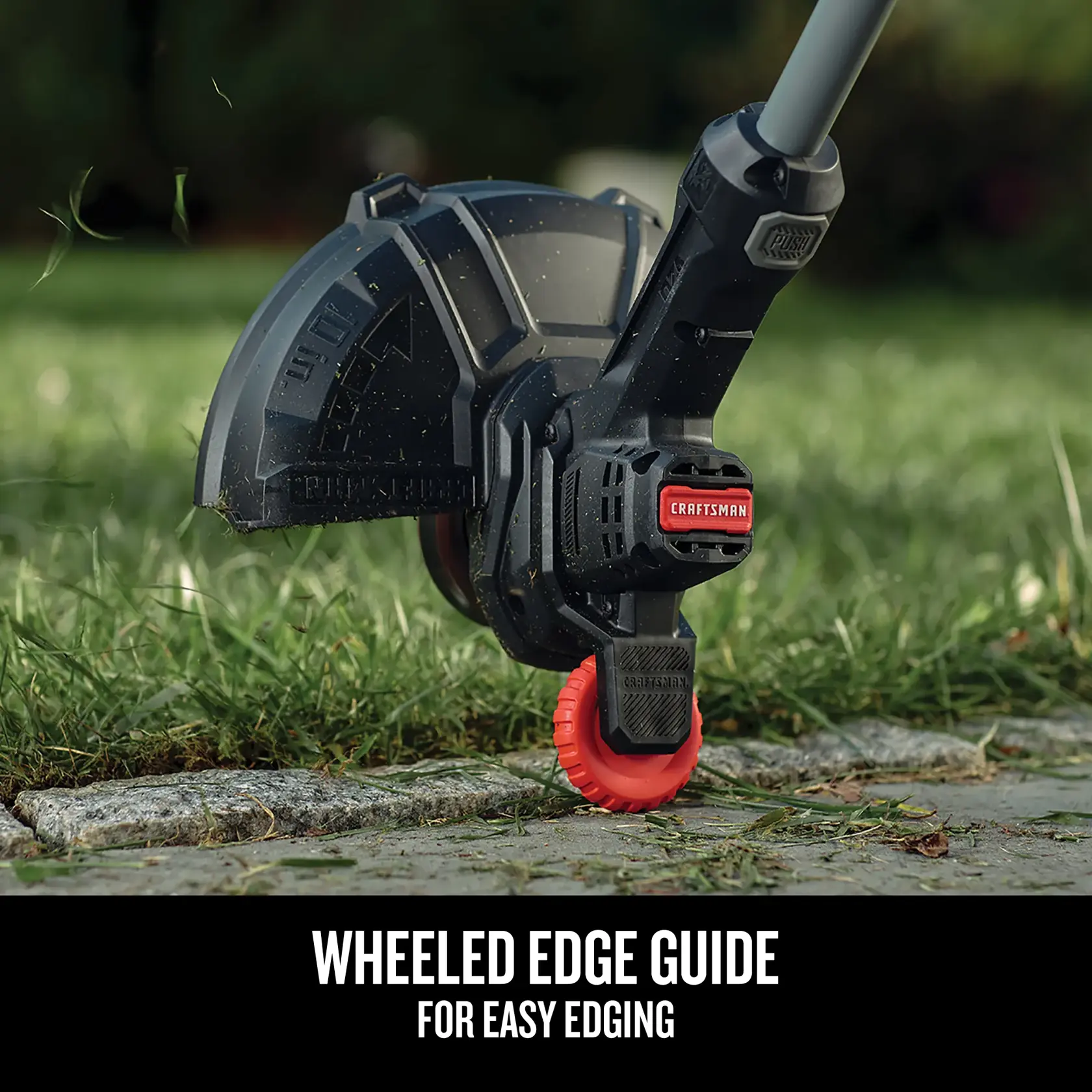 Close-up view of the the wheeled edge guide for easy edging