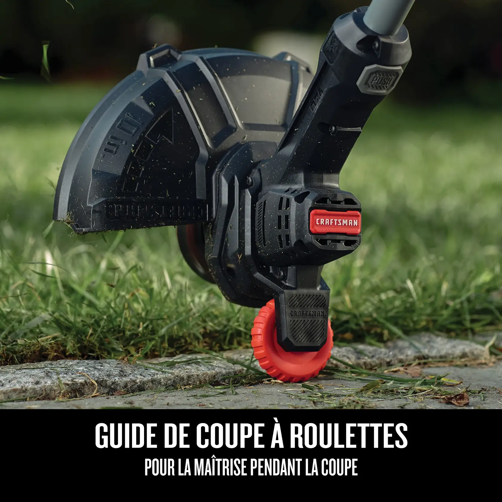 Vue rapprochée du guide de coupe à roulettes avec texte mettant en évidence les bordures faciles