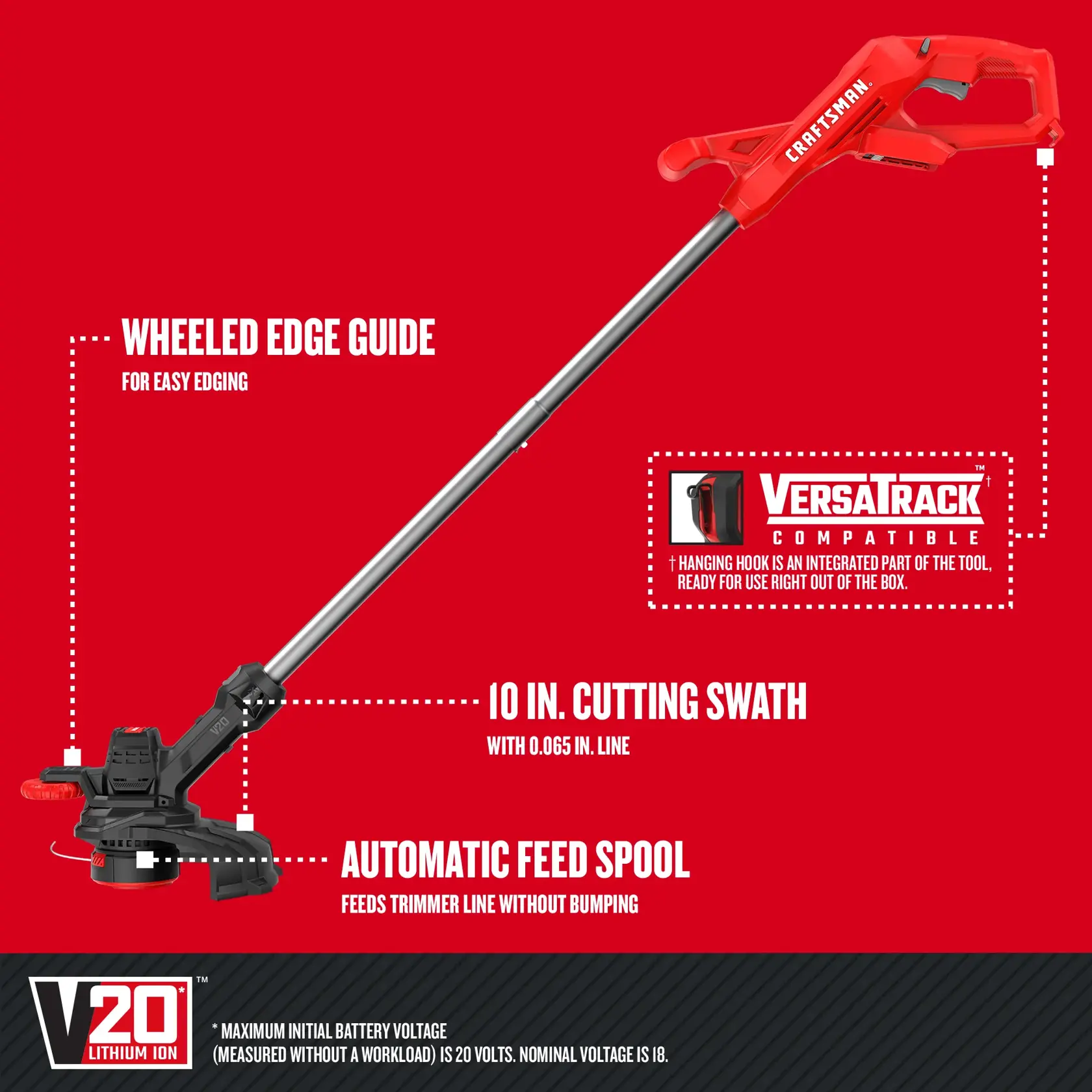 CRAFTSMAN CMCST915C1 cordless string trimmer, V20 lithium ion, red and black finish, side angle on white background.
