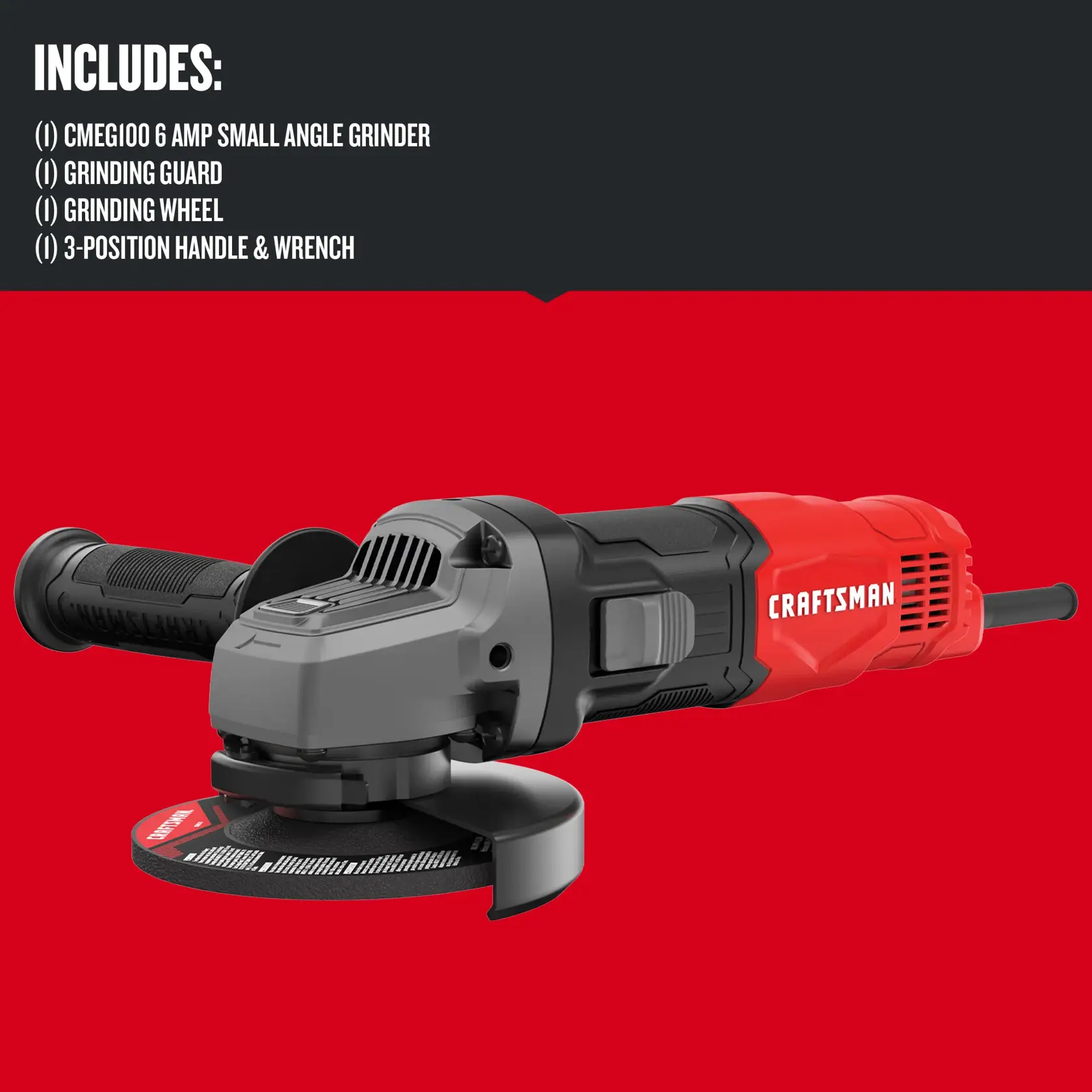 Graphic of CRAFTSMAN Angle Grinder highlighting product features
