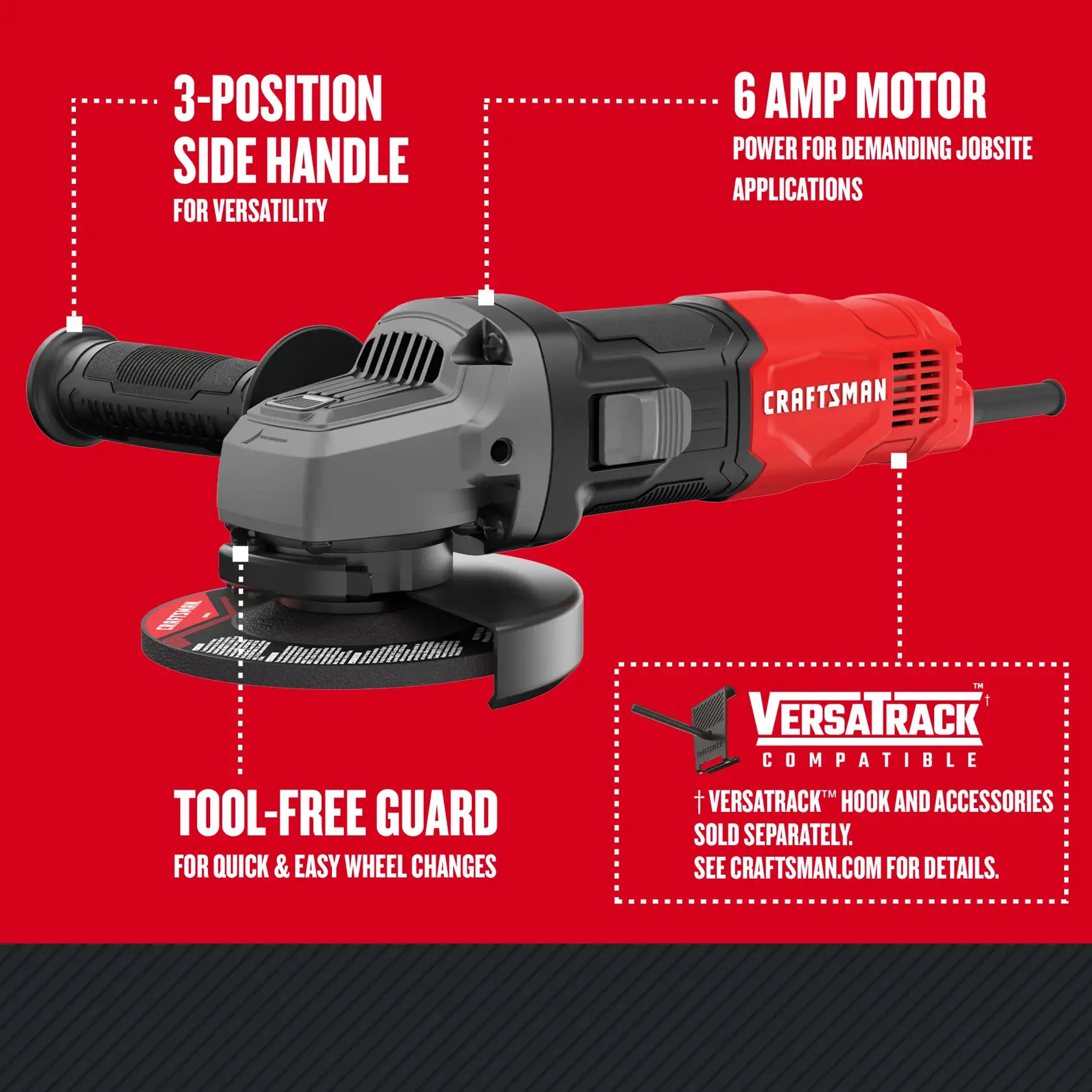 Graphic of CRAFTSMAN Angle Grinder highlighting product features