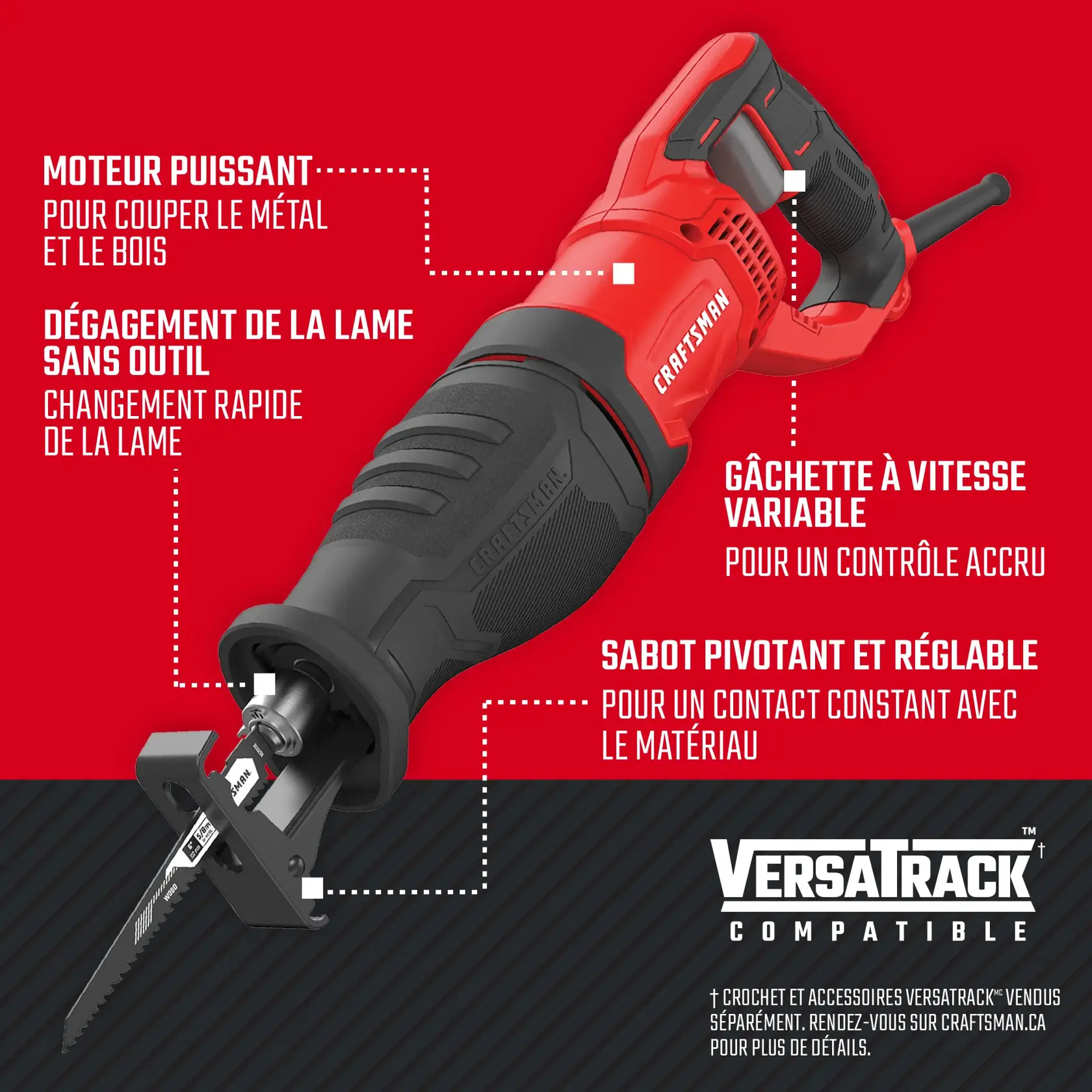 Image montrant le moteur puissant, dégagement de la lame sans outil, gâchette à vitesse variable, et sabot réglable