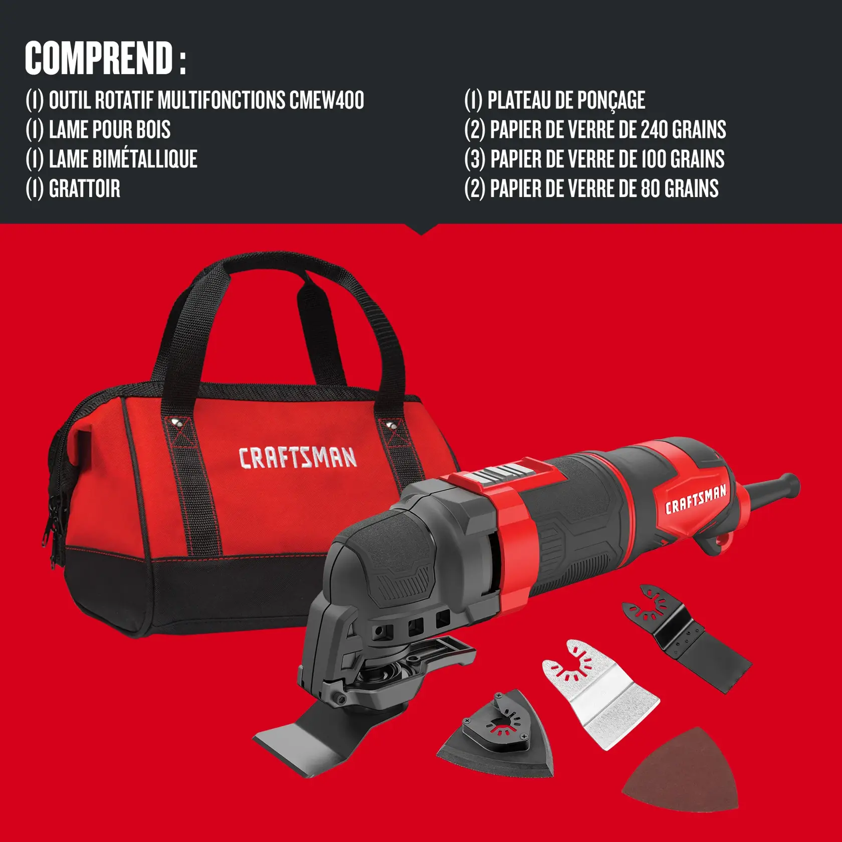 Contenu de l'ensemble outil rotatif multifonctions CRAFTSMAN