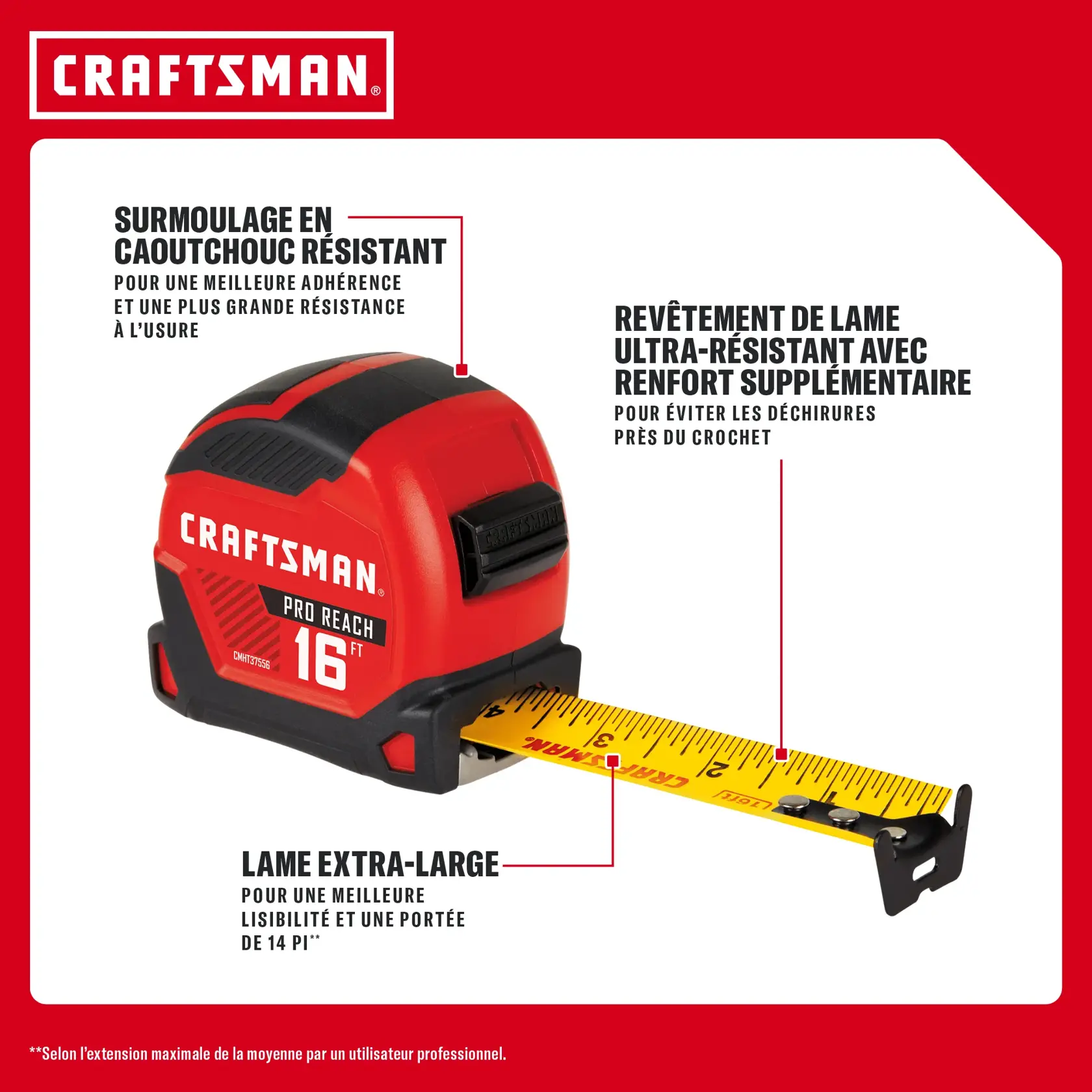 Mètre 16 pi CRAFTSMAN avec prise en caoutchouc, lame extra-large et crochet renforcé, présenté en affichage produit.