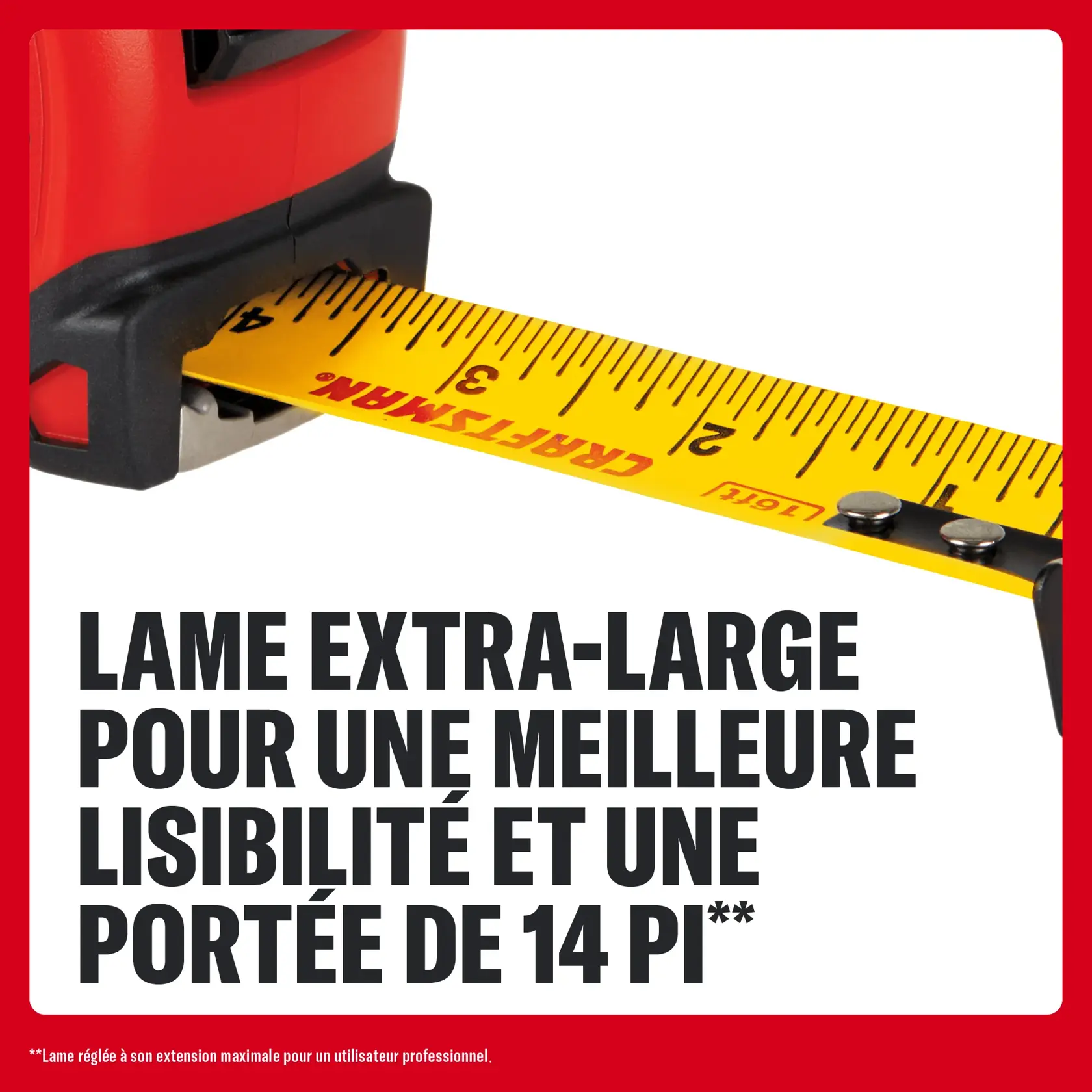 Ruban à mesurer CRAFTSMAN avec lame jaune extra-large offrant lisibilité et portée de 14 pi, vue rapprochée.