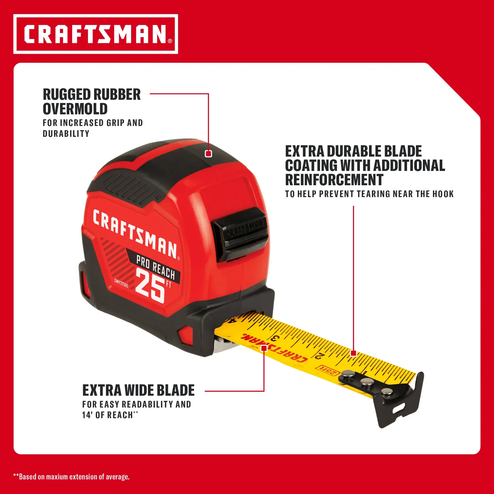 CRAFTSMAN 25 ft tape measure with rugged case, extra wide blade, and reinforced coating for durability.