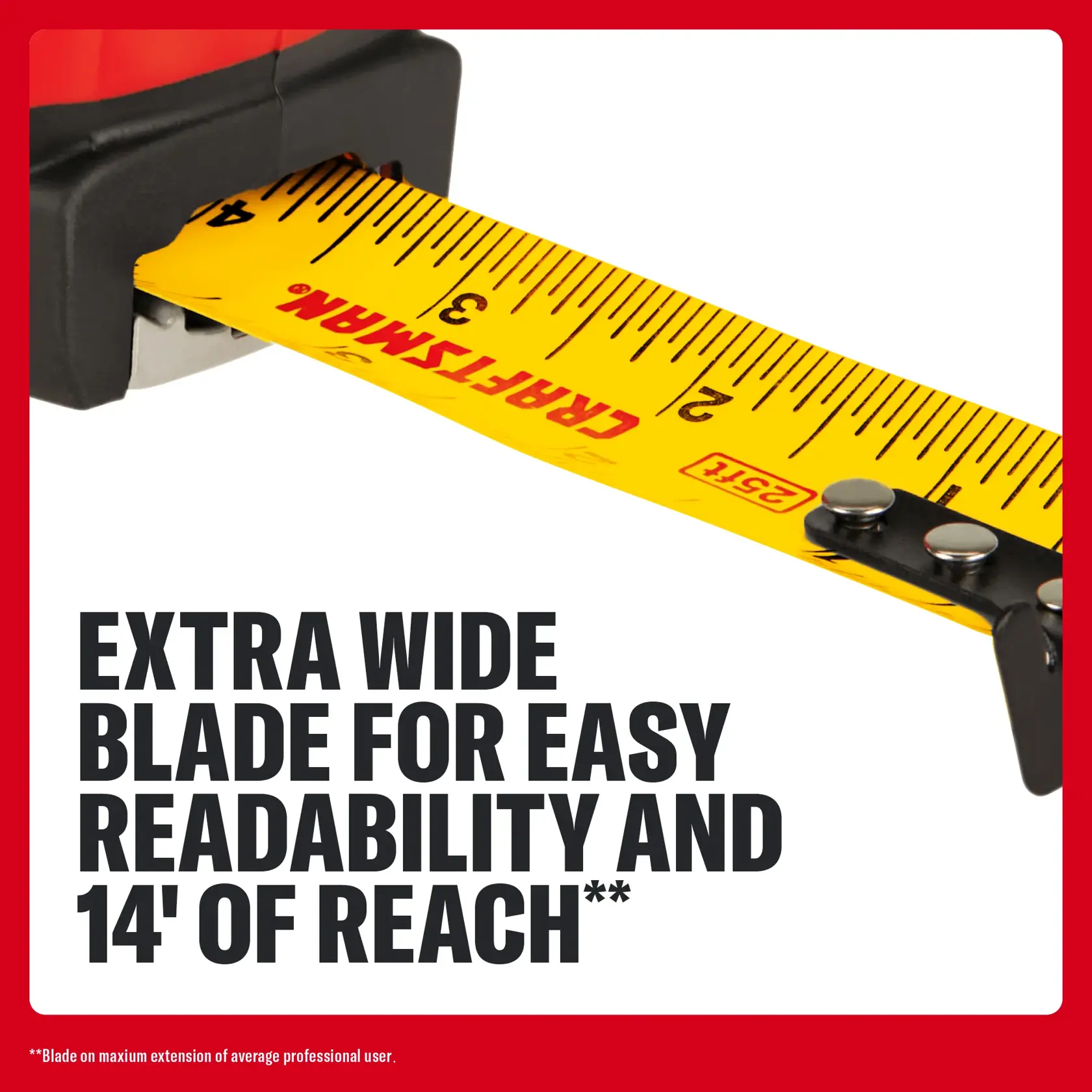 Close-up of CRAFTSMAN tape measure with extra wide yellow blade, showing clear markings.
