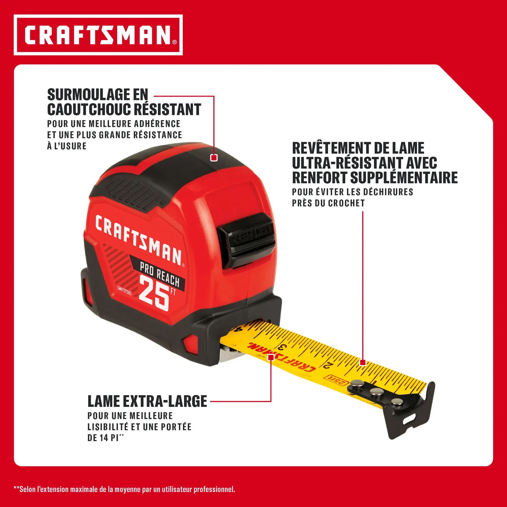 Mètre ruban CRAFTSMAN 25 pi avec prise en caoutchouc résistante et lame extra-large renforcée.