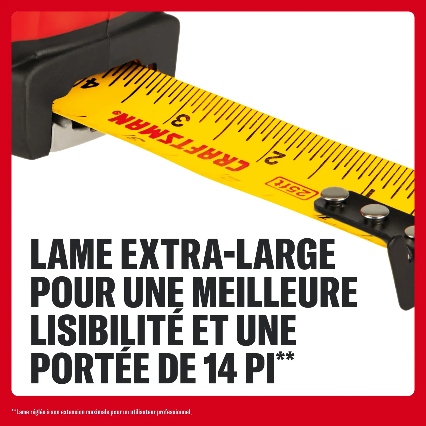 Ruban à mesurer CRAFTSMAN avec lame extra-large pour meilleure lisibilité et portée de 14 pieds.