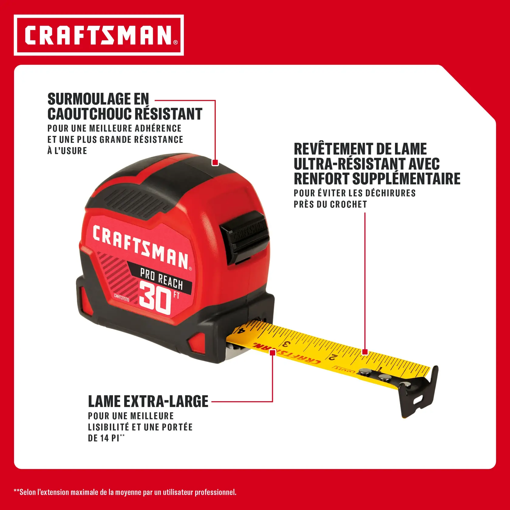 Mètre ruban CRAFTSMAN Pro Reach 30 pi avec caoutchouc robuste, lame large et crochet renforcé.
