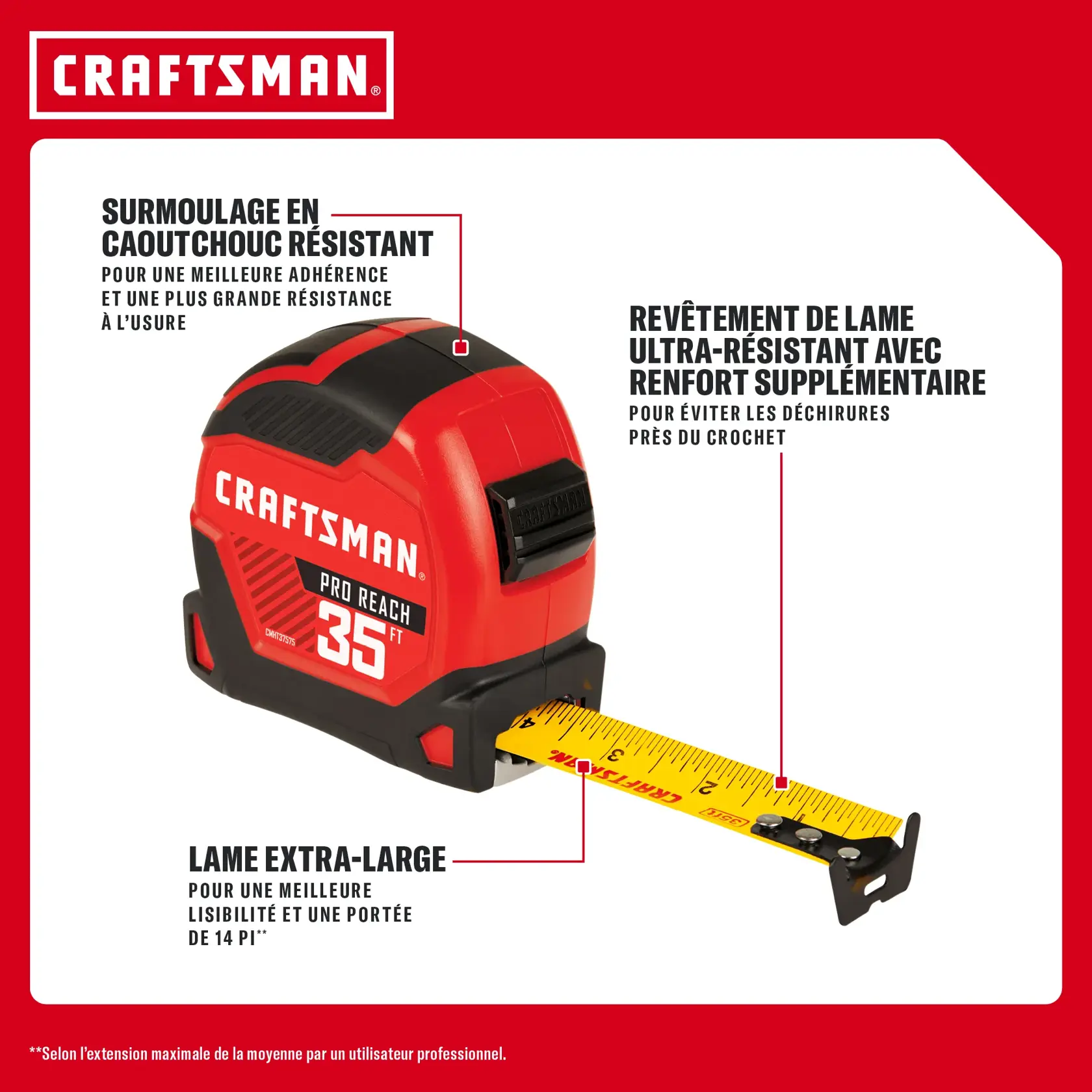 Mètre ruban CRAFTSMAN 35 pi avec prise caoutchouc résistante, lame large et crochet renforcé.