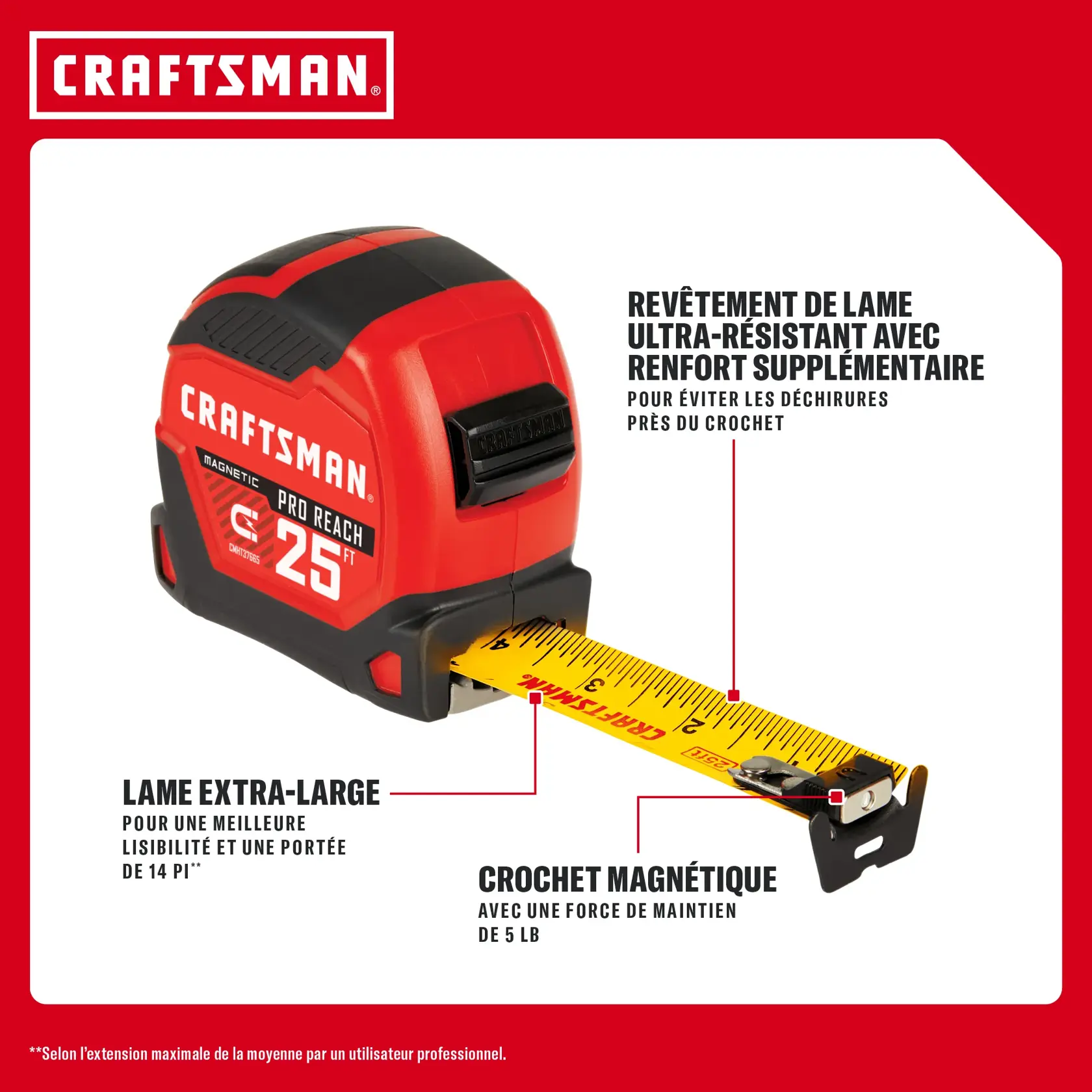 Mètre ruban CRAFTSMAN 25 pi avec crochet magnétique, lame extra-large et revêtement ultra-résistant renforcé.