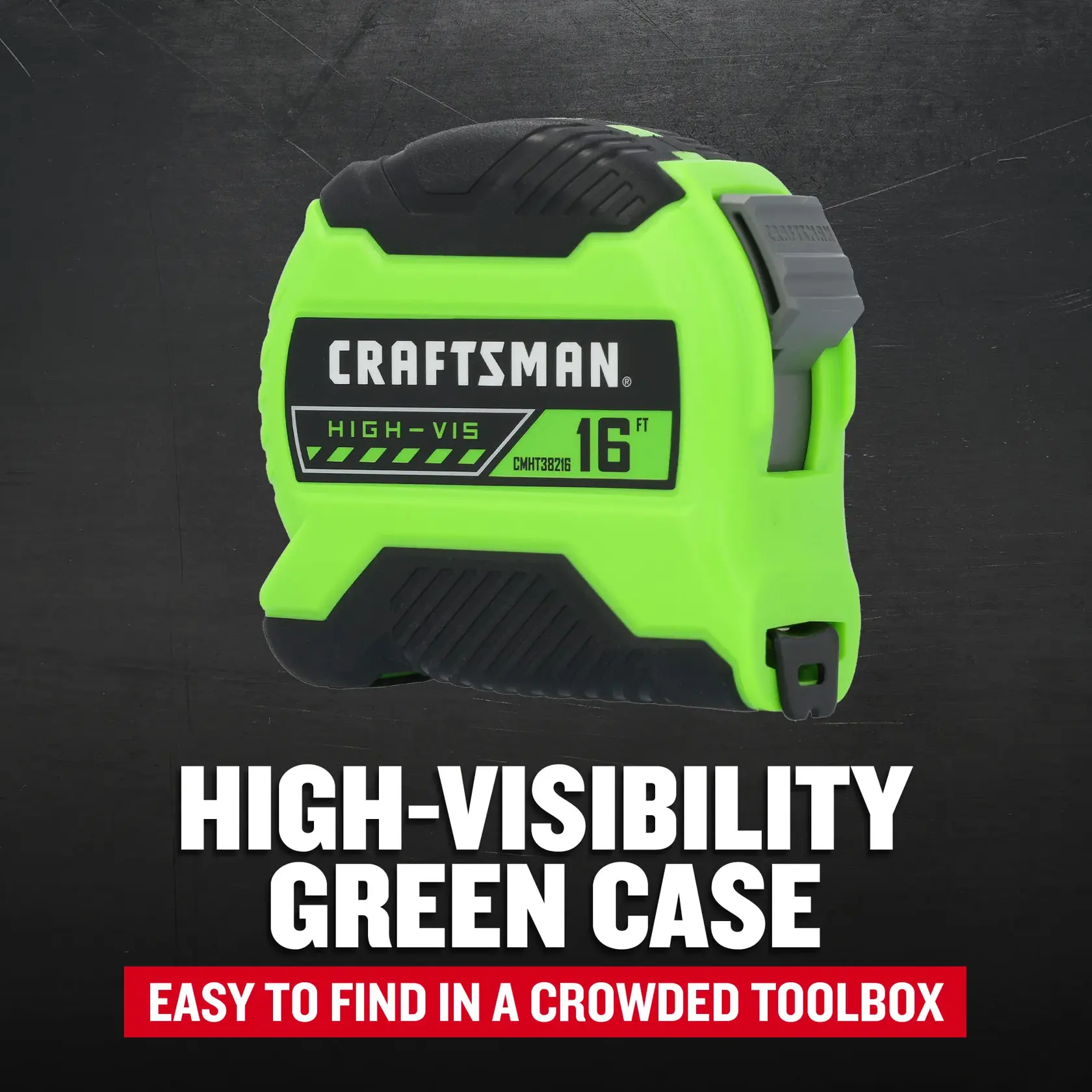 CMHT38216S Callout: HIGH-VISIBILITY GREEN CASE - Easy to find in a crowded toolbox