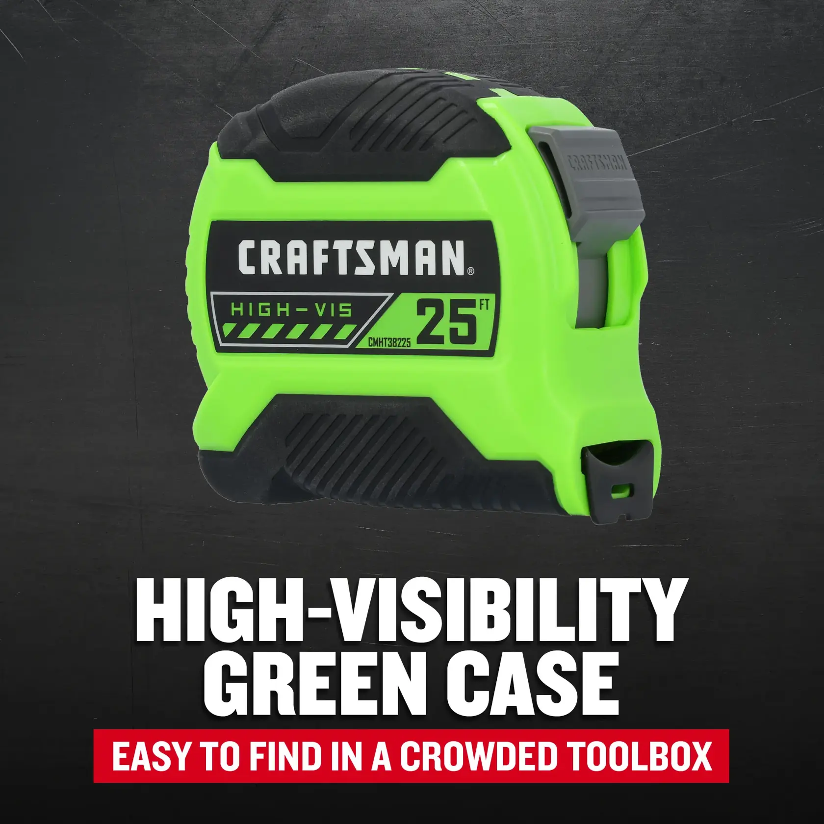 CMHT38225LW Callout: HIGH-VISIBILITY GREEN CASE - Easy to find in a crowded toolbox