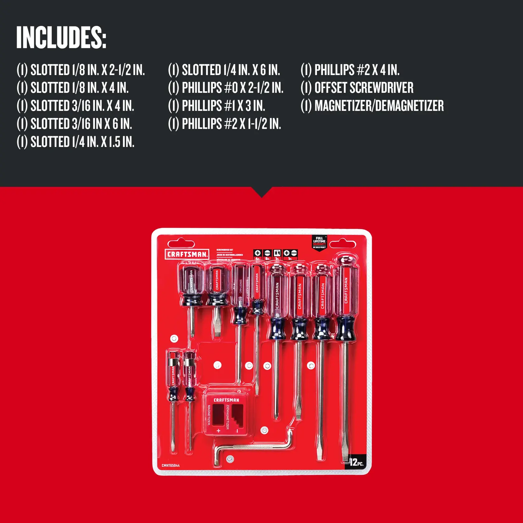 Photo of Craftsman 12-piece screwdriver set with magnetizer, red packaging, SKU CMHT65044, front angle.