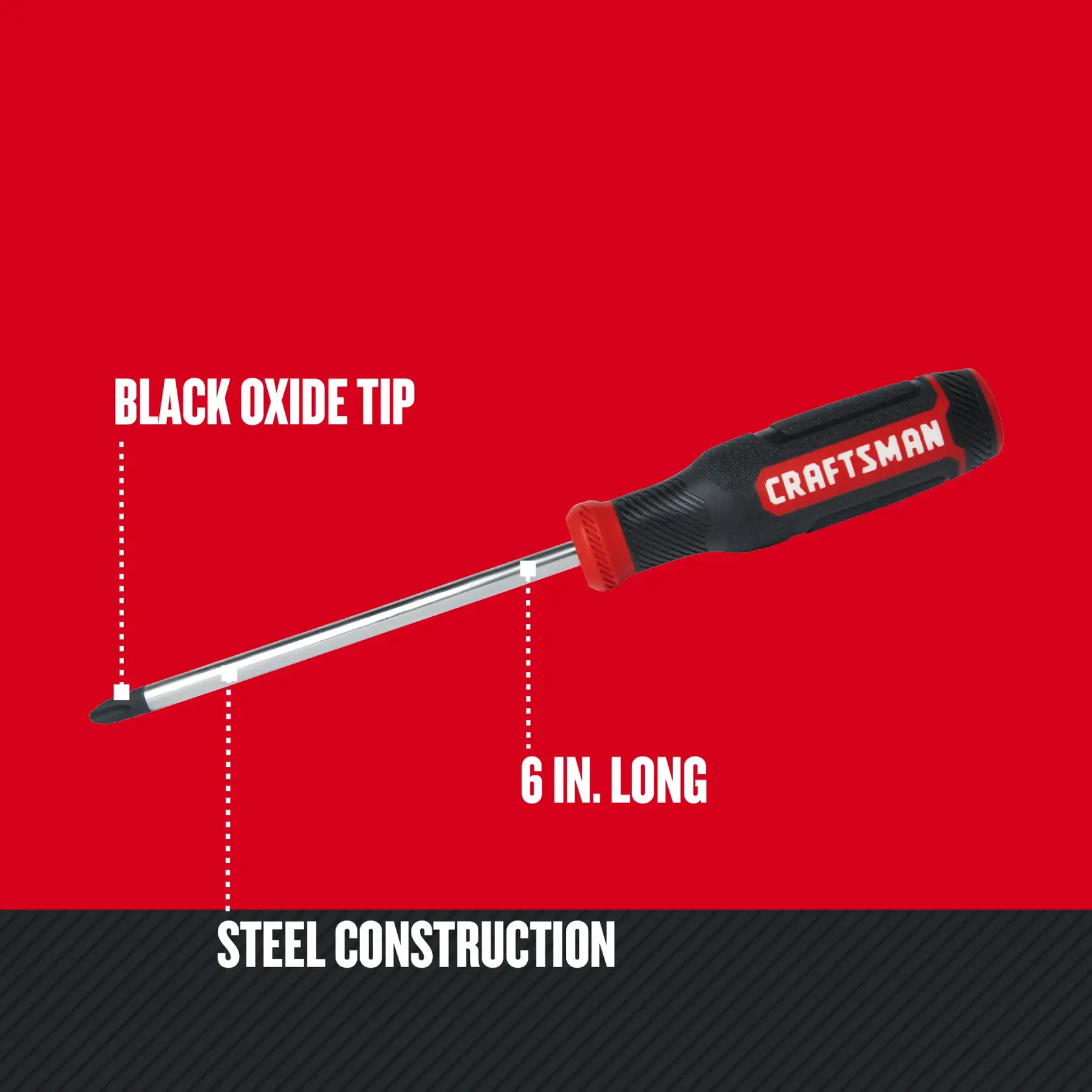 Walk-around graphic highlighting the black oxide tip, 6 inch length and steel construction