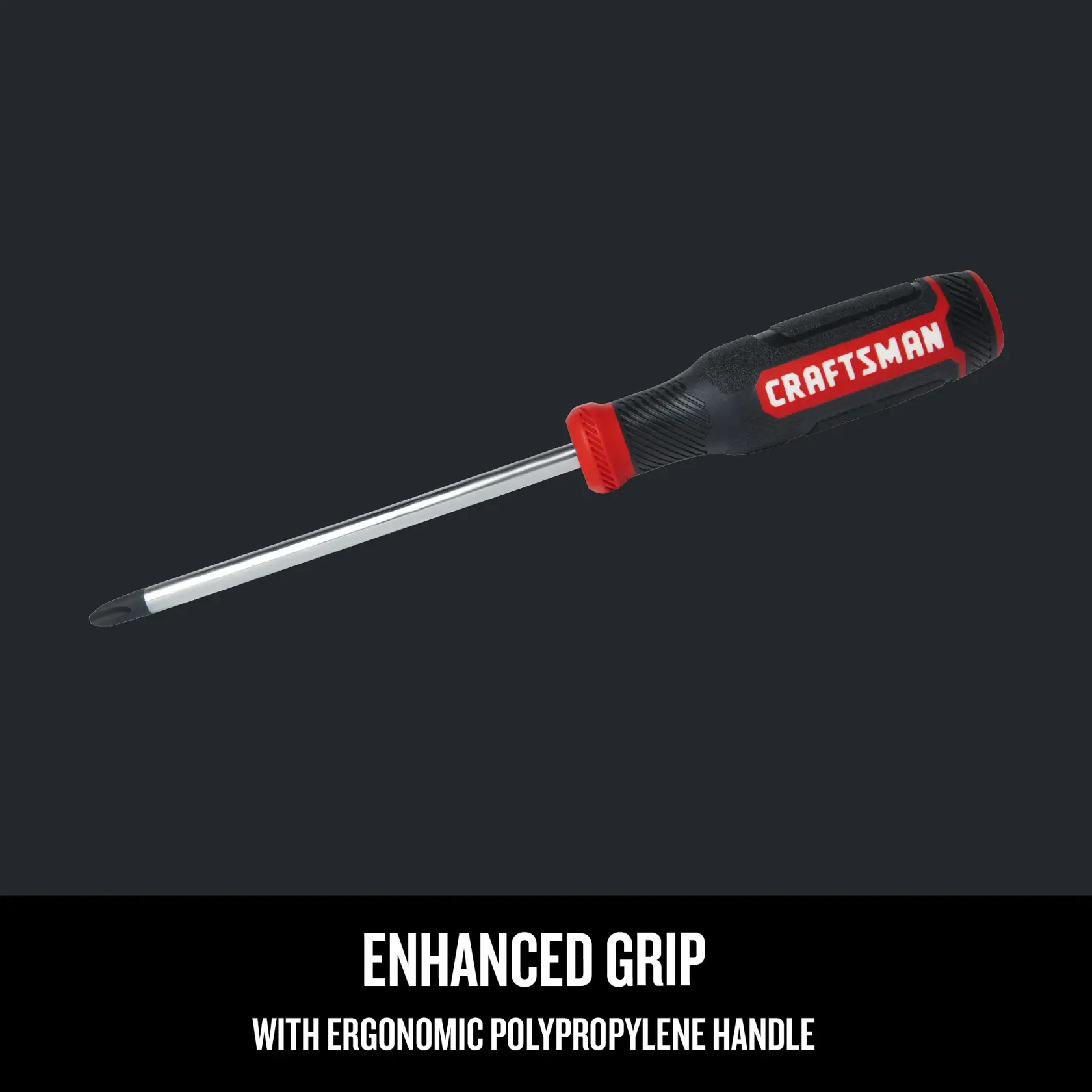Graphic of product on black background with text highlighting the enhanced grip with ergonomic propylene handle