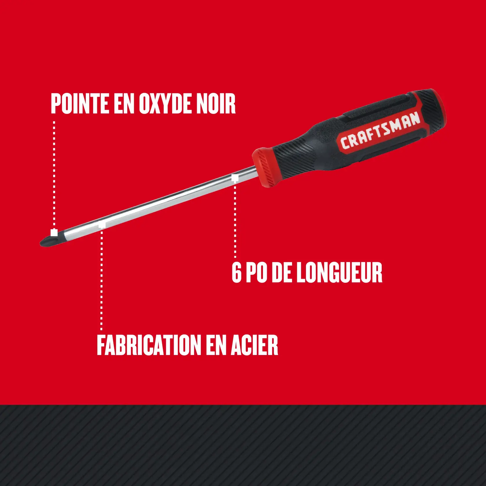 Image montrent le pointe en oxyde noir, la 6 po de longue et la fabrication en acier