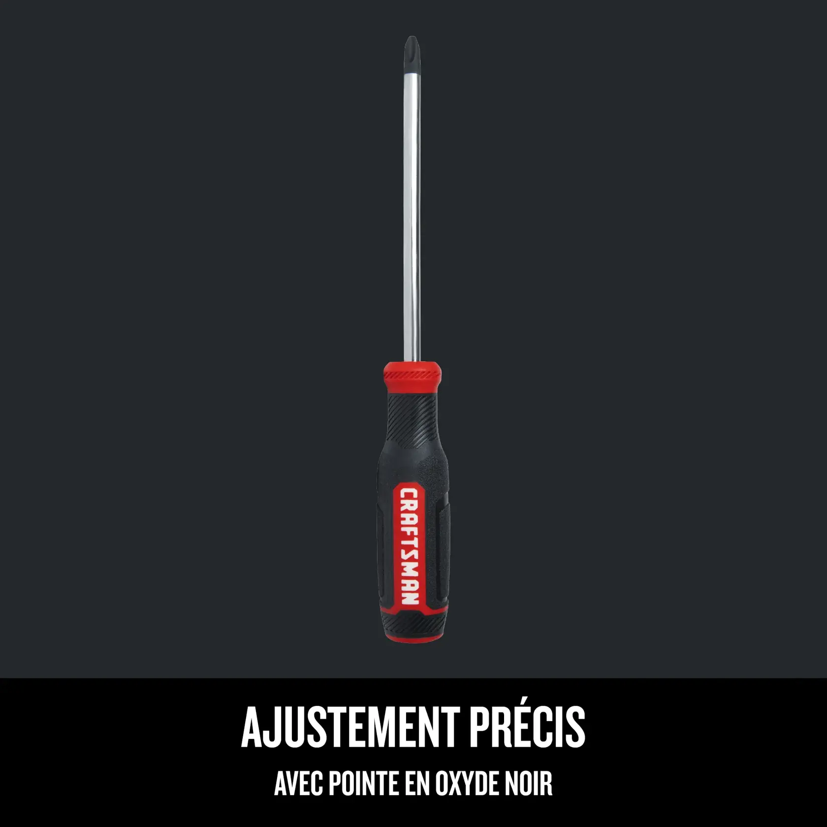 Graphique du produit sur fond noir avec texte mettant l'ajustement précis avec pointe en oxyde noir