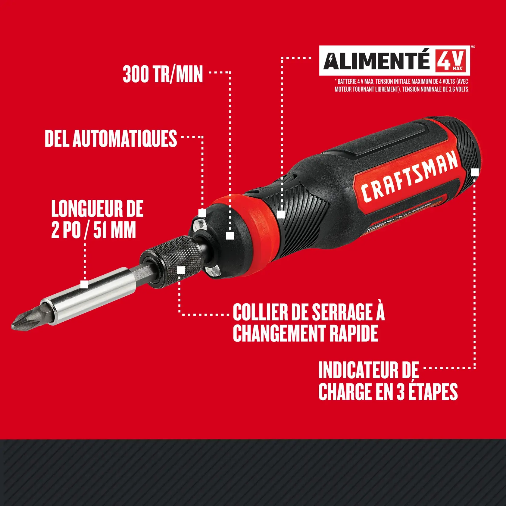 Photo du tournevis électrique Craftsman noir et rouge, CMHT66718B20, vue latérale, avec collier à changement rapide et caractéristiques.