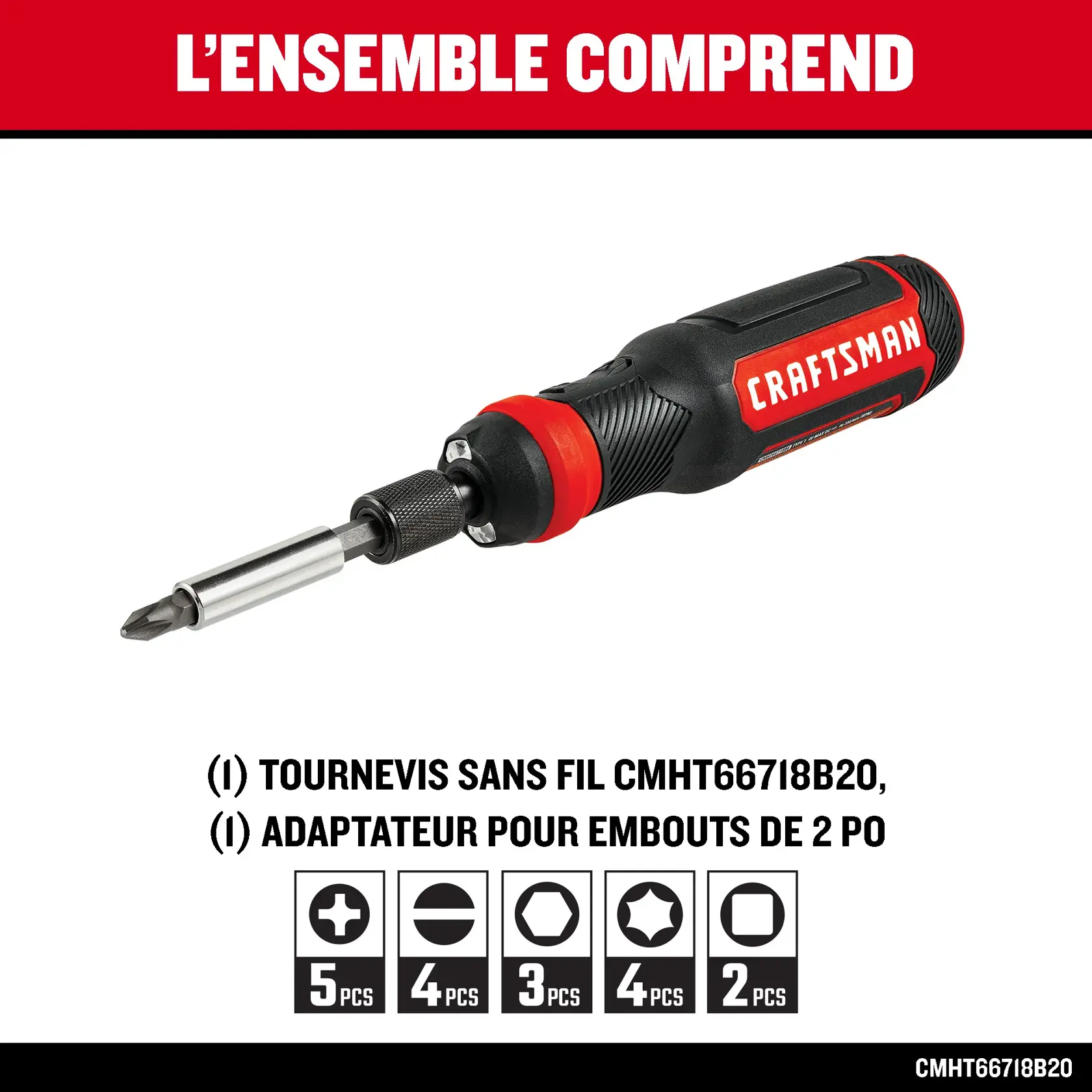 Photo du tournevis sans fil Craftsman CMHT66718B20 à poignée noire et rouge, présenté en angle sur fond blanc.